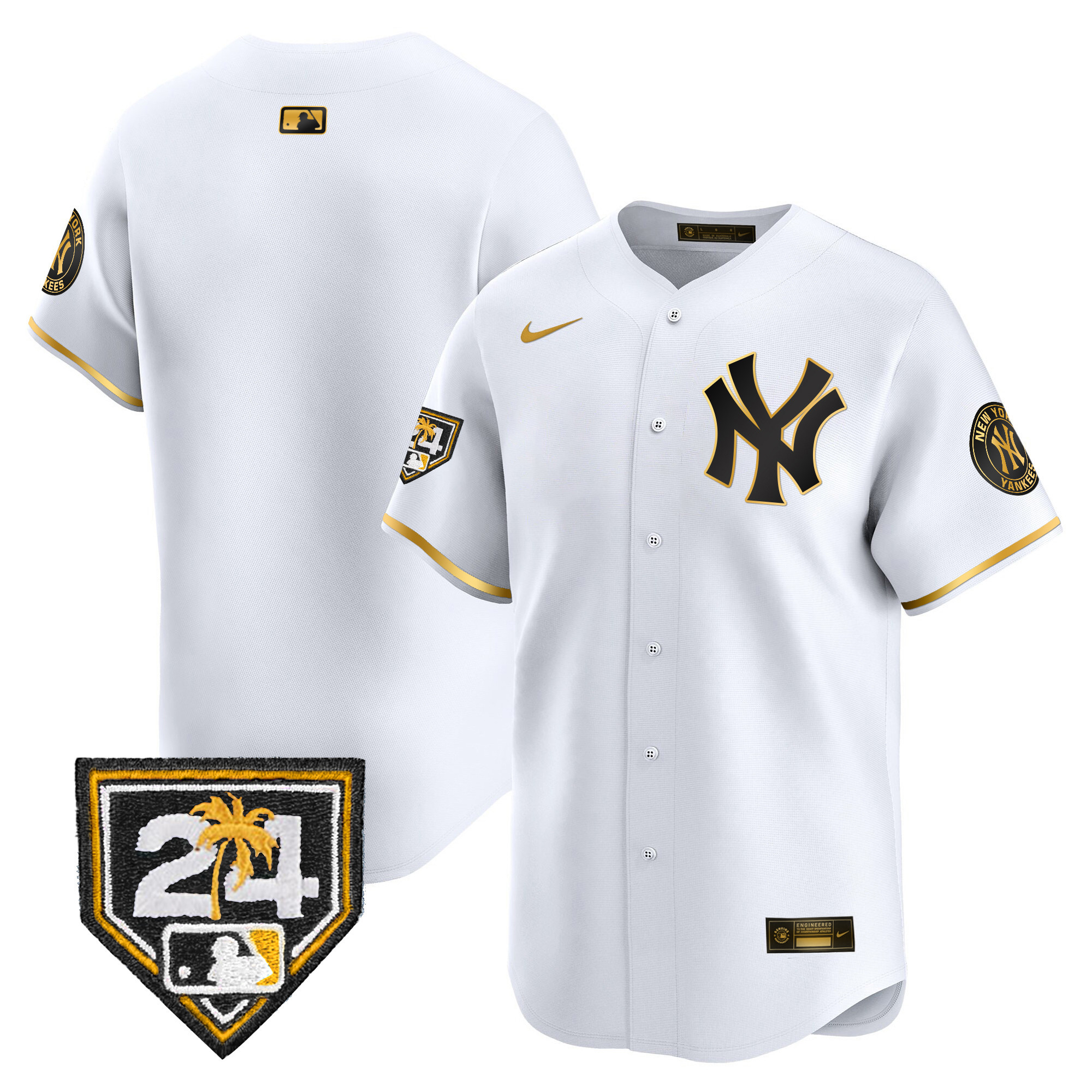 Team Men's New York Yankees 2024 Spring Training Patch Vapor Premier Limited V4 White Gold Jersey - All Stitched