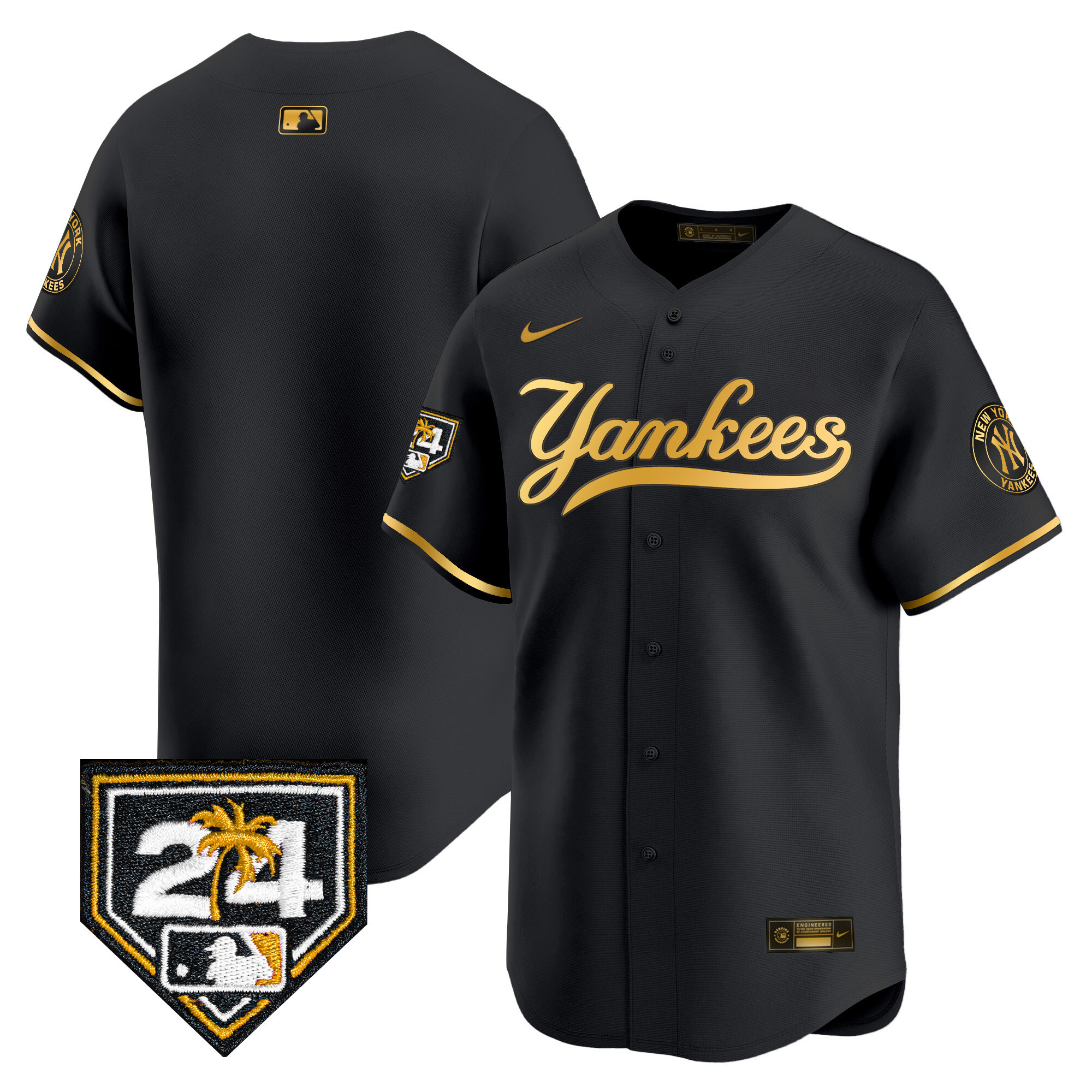 Team Men's New York Yankees 2024 Spring Training Patch Vapor Premier Limited V6 Black Gold Jersey - All Stitched
