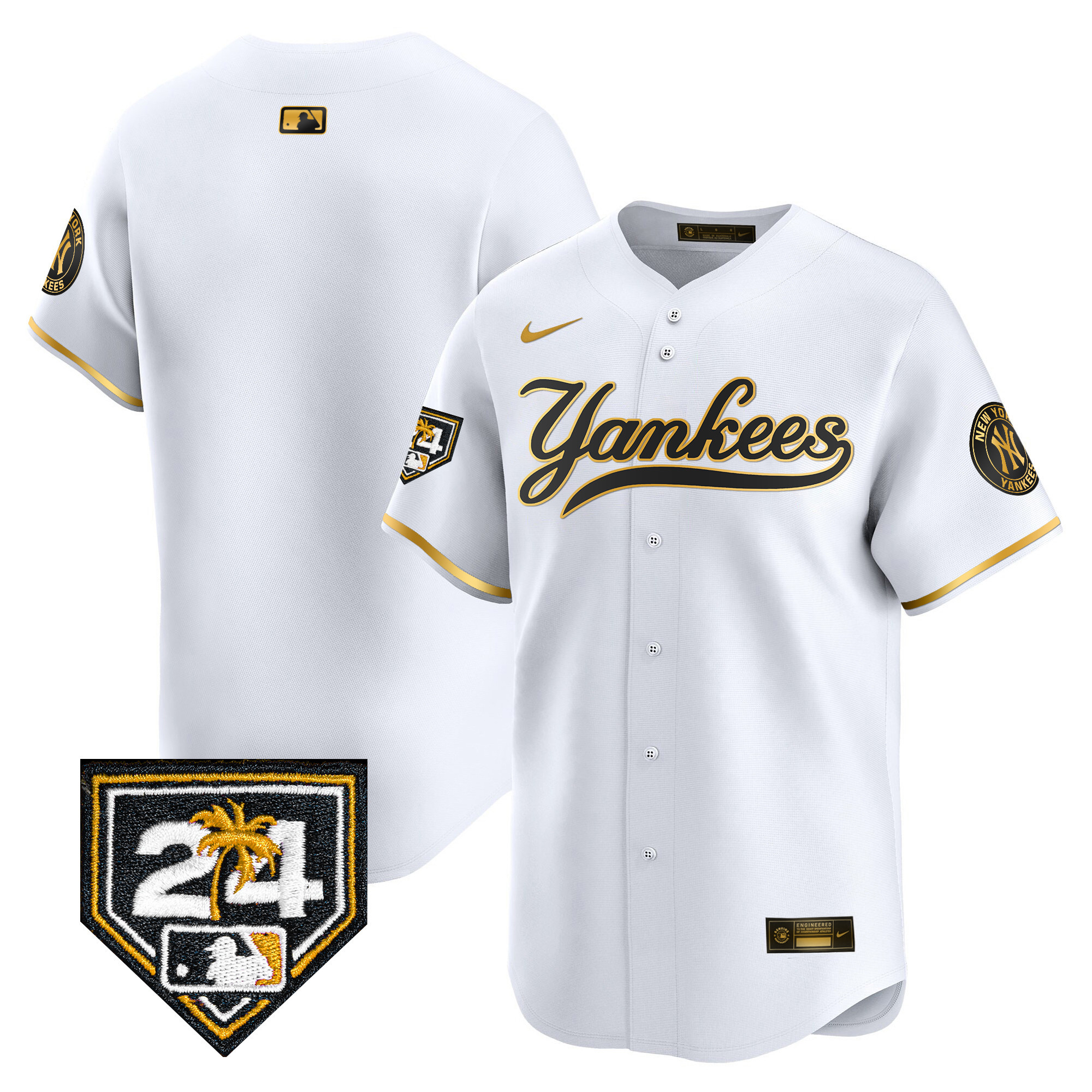 Team Men's New York Yankees 2024 Spring Training Patch Vapor Premier Limited V6 White Gold Jersey - All Stitched
