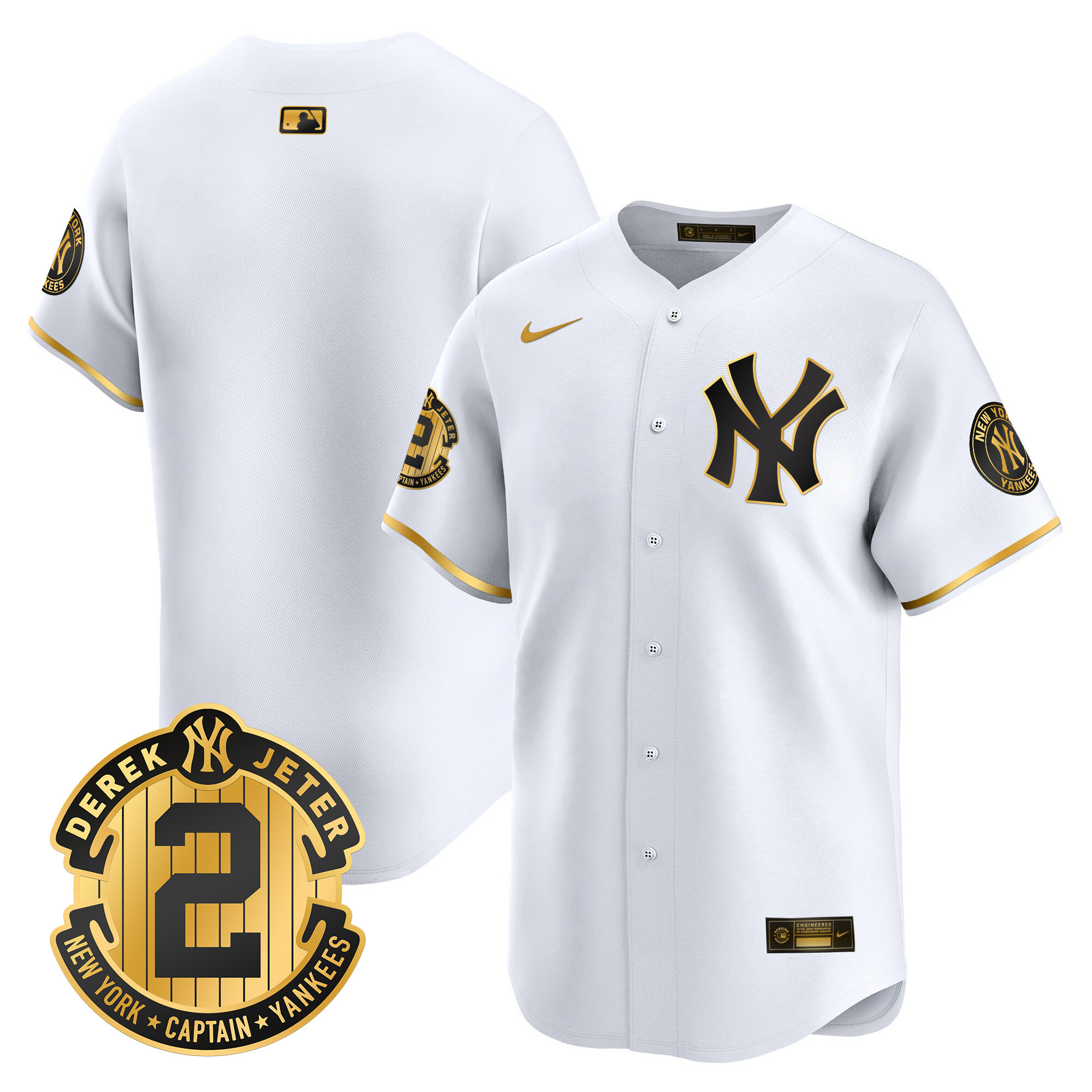 Team Men's New York Yankees Derek Jeter Patch Vapor Premier Limited White Gold Jersey - All Stitched