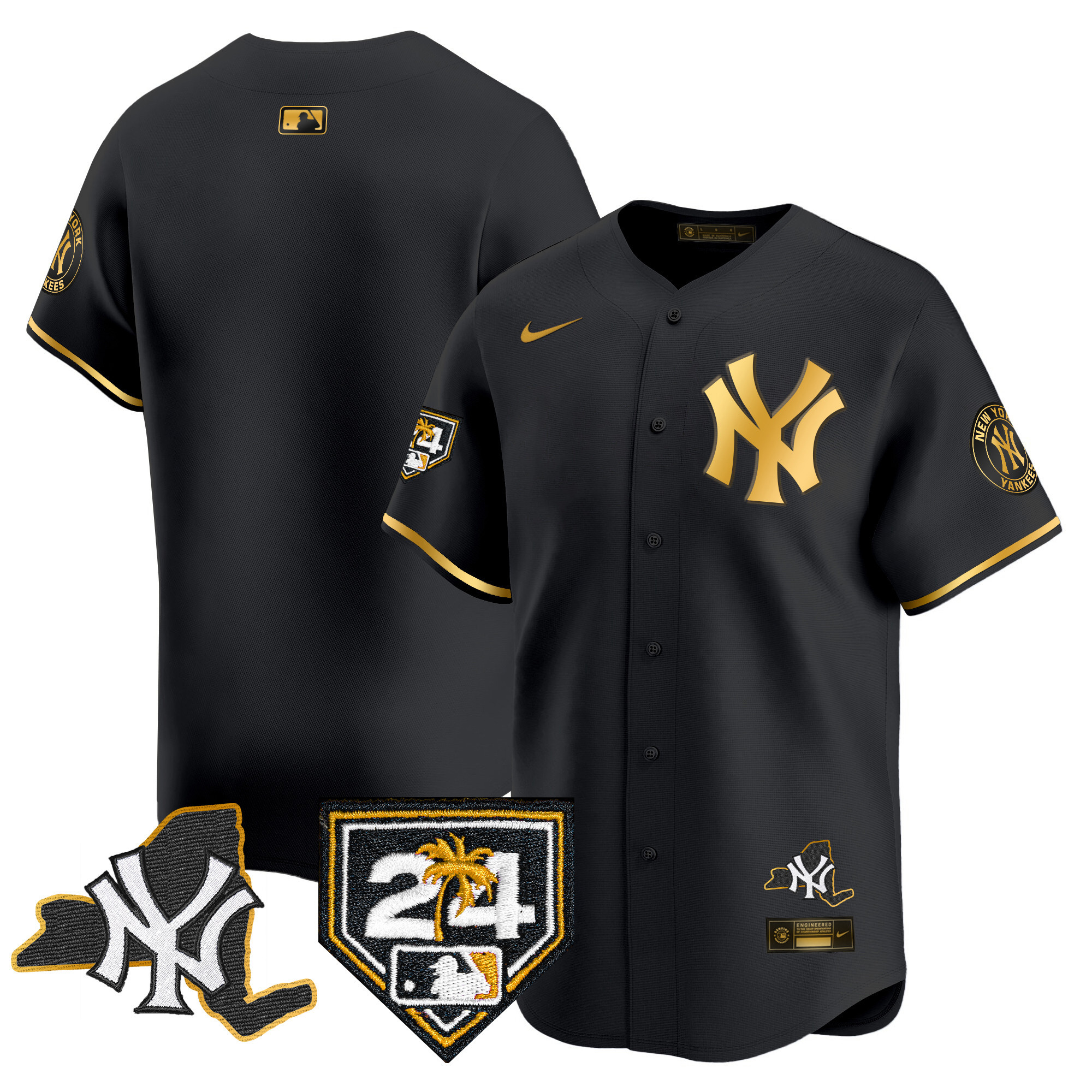 Team Men's New York Yankees Vapor Premier Limited - New York Patch Black Gold Jersey - All Stitched