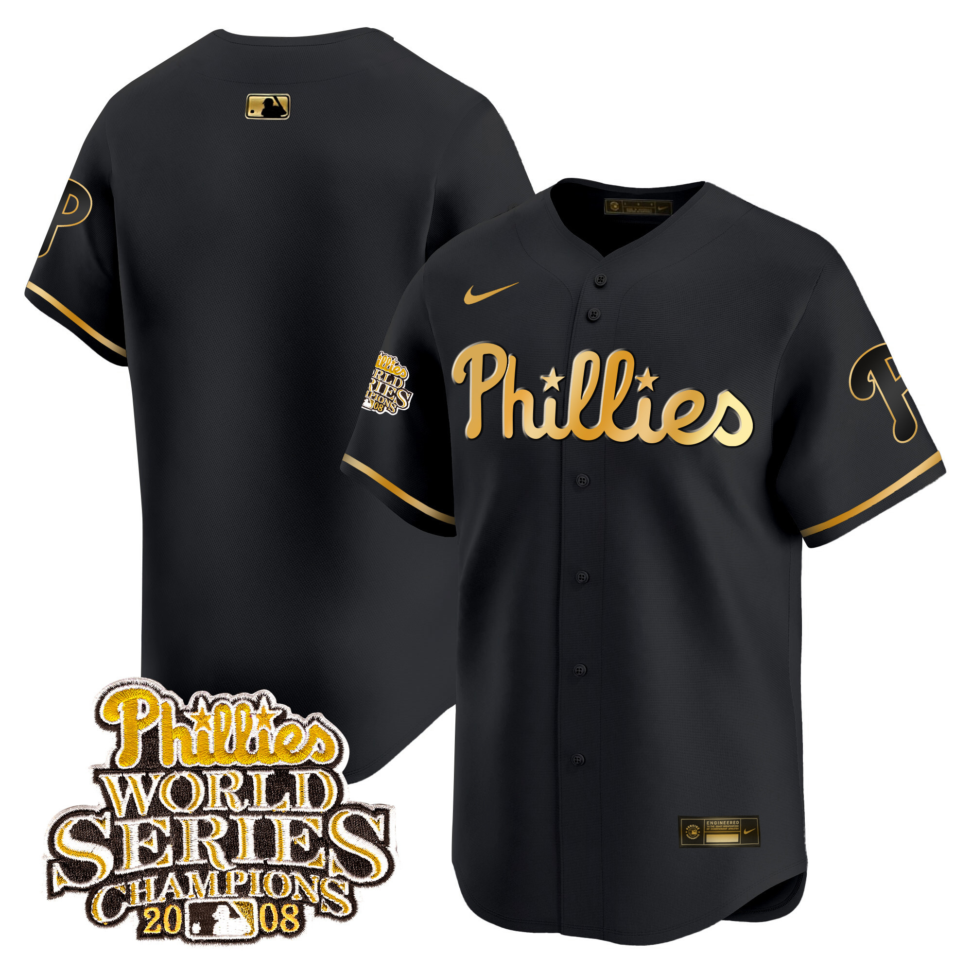 Team Men's Philadelphia Phillies 2008 World Series Champions Patch Vapor Premier Limited Black Gold Jersey - All Stitched