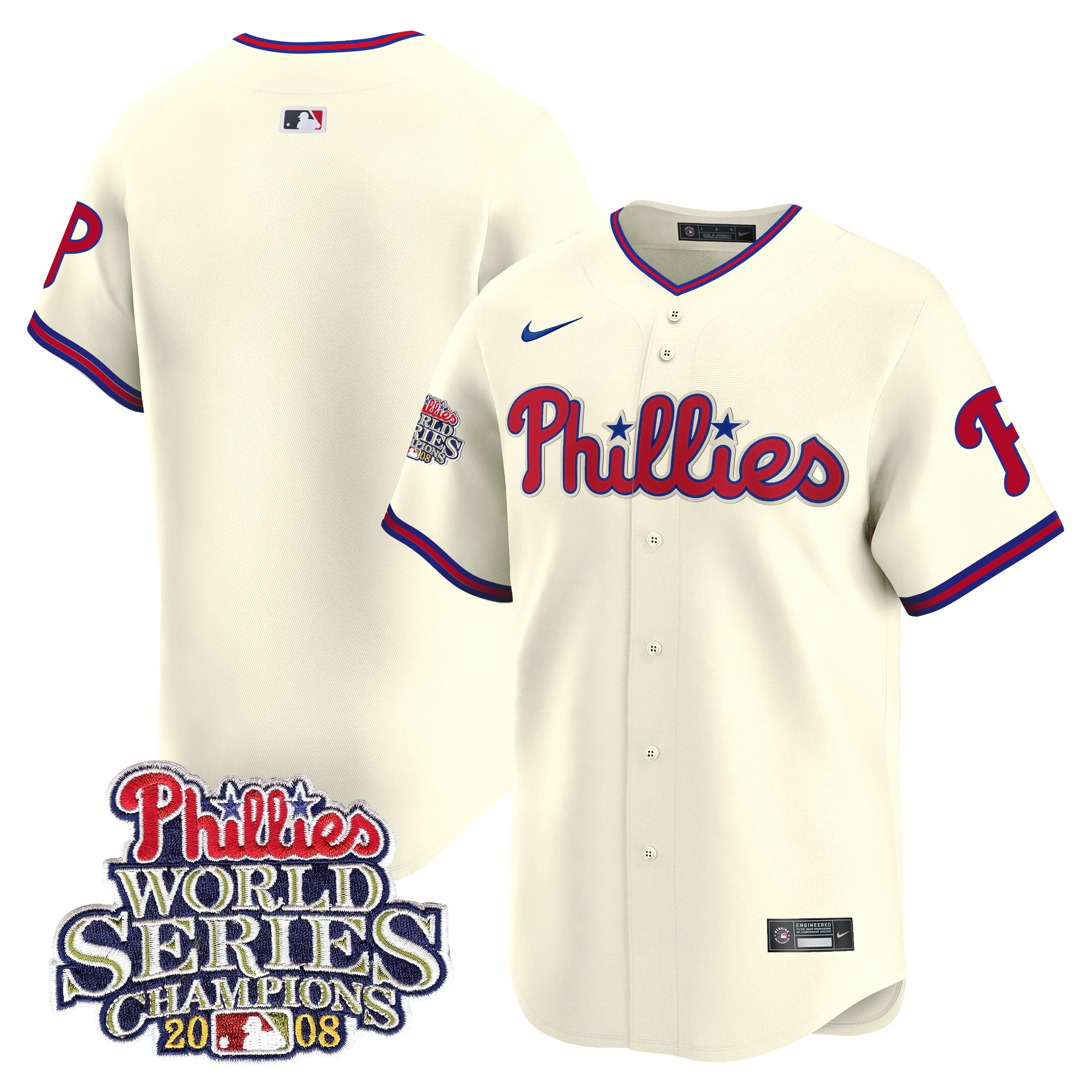 Team Men's Philadelphia Phillies 2008 World Series Champions Patch Vapor Premier Limited Cream Jersey - All Stitched