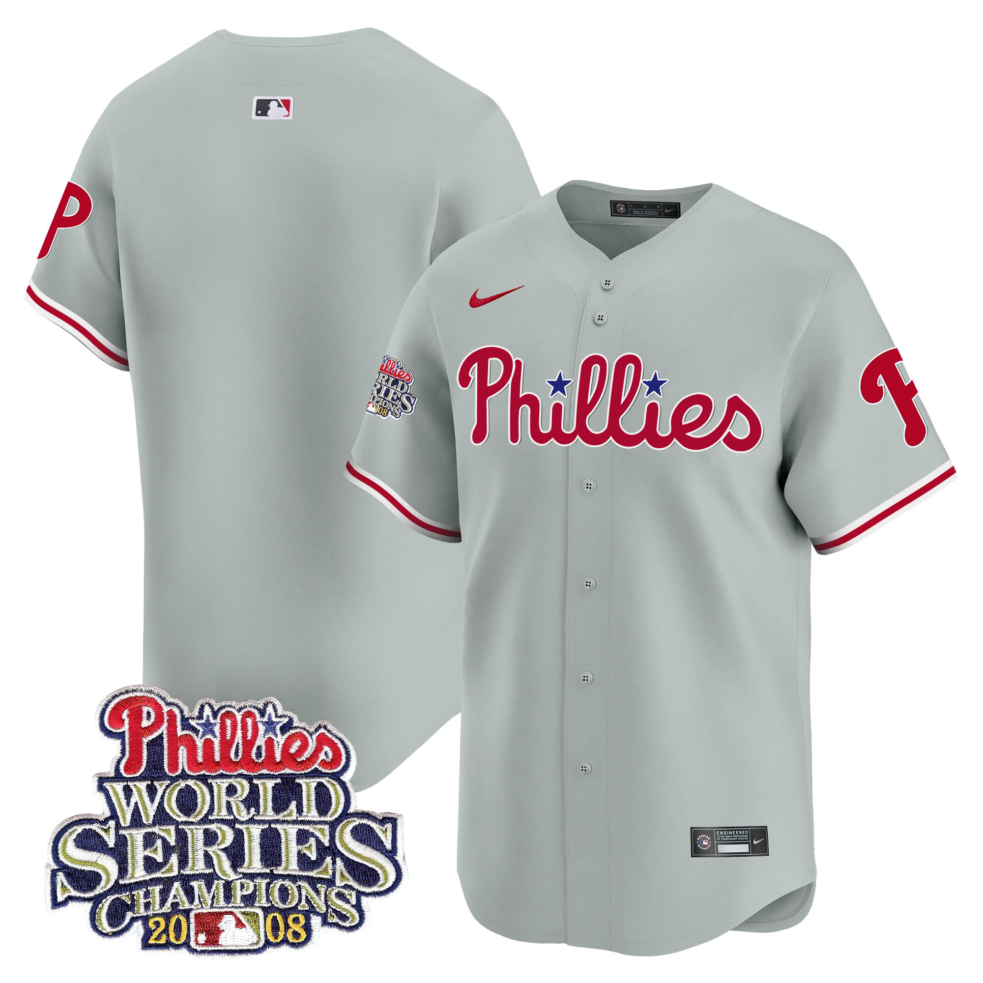 Team Men's Philadelphia Phillies 2008 World Series Champions Patch Vapor Premier Limited Gray Road Jersey - All Stitched