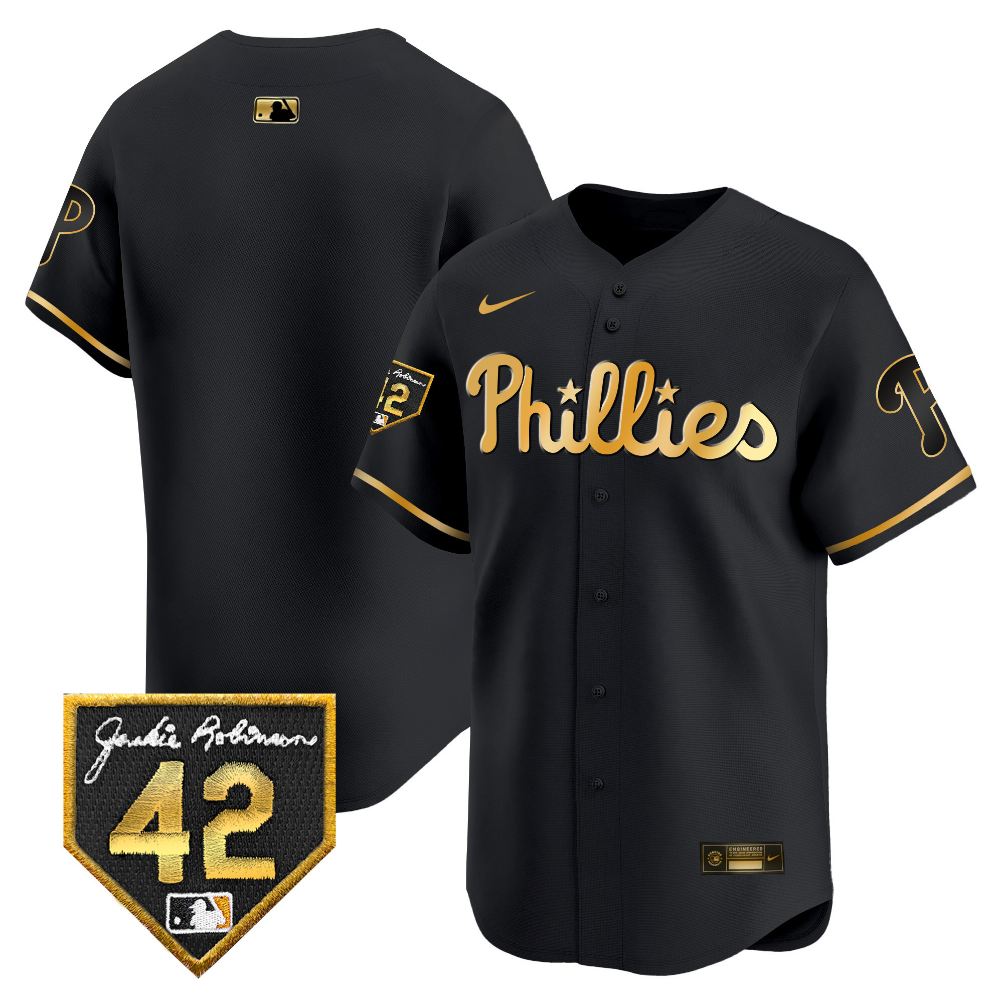 Team Men's Philadelphia Phillies 2024 Jackie Robinson Patch Vapor Premier Limited Black Gold Jersey - All Stitched