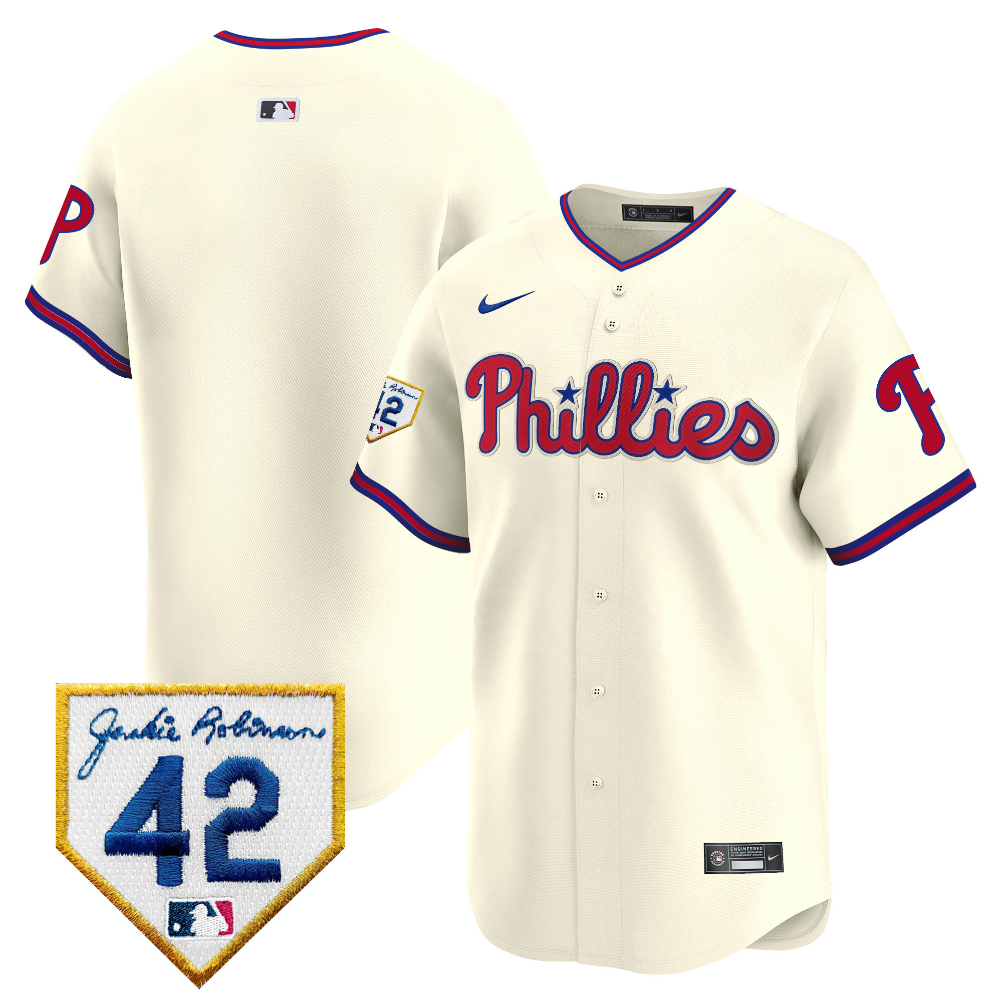 Team Men's Philadelphia Phillies 2024 Jackie Robinson Patch Vapor Premier Limited Cream Jersey - All Stitched