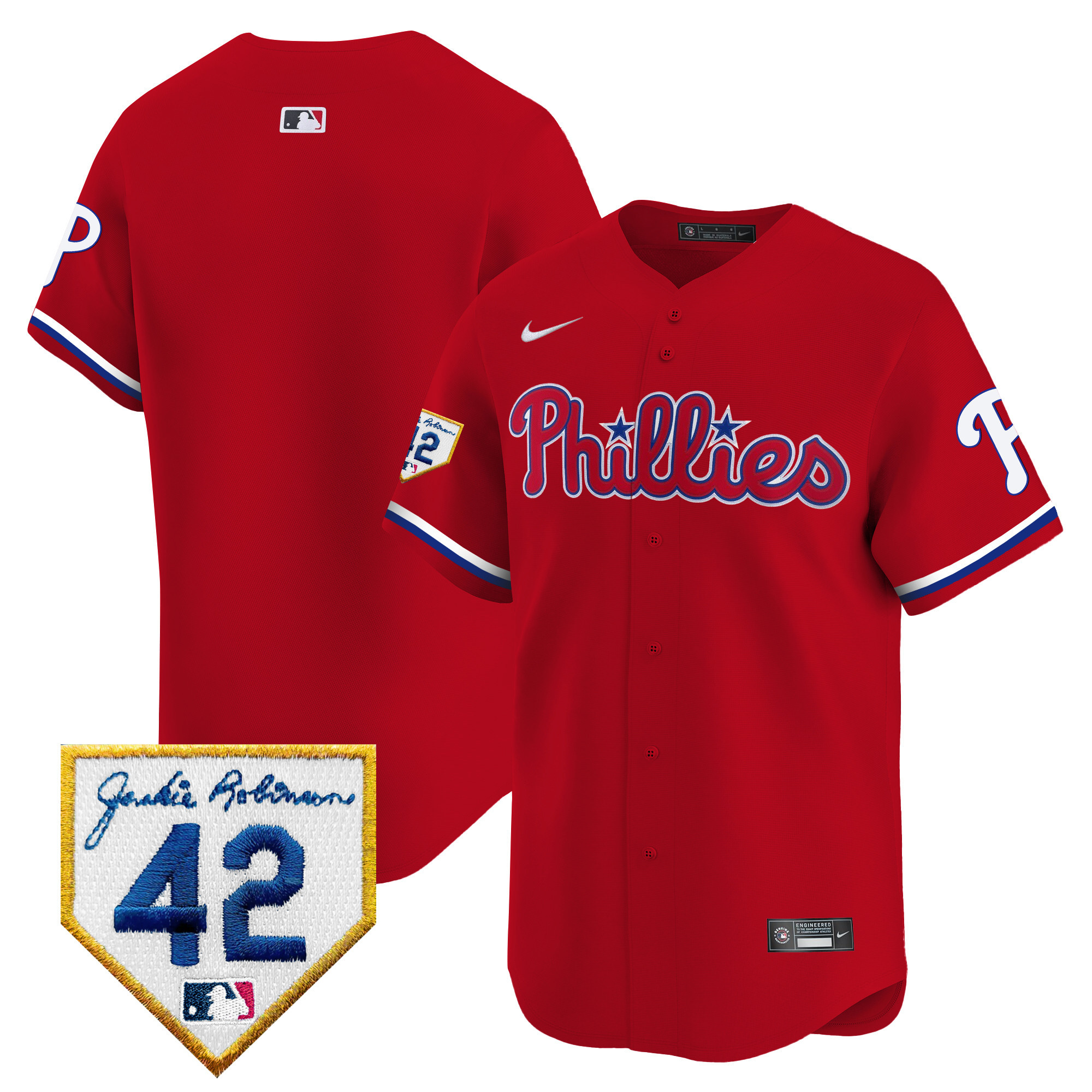 Team Men's Philadelphia Phillies 2024 Jackie Robinson Patch Vapor Premier Limited Red Jersey - All Stitched