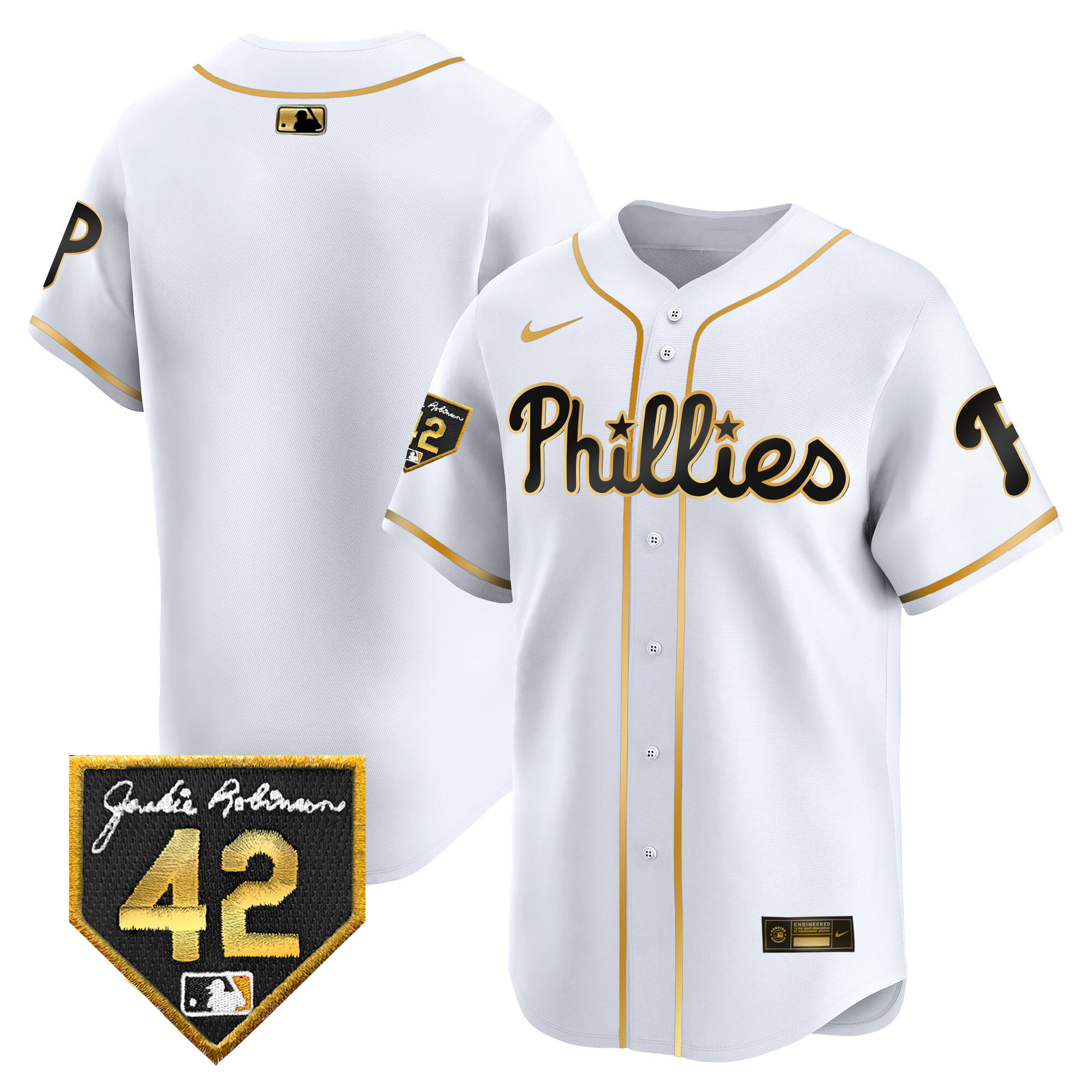 Team Men's Philadelphia Phillies 2024 Jackie Robinson Patch Vapor Premier Limited White Gold Jersey - All Stitched