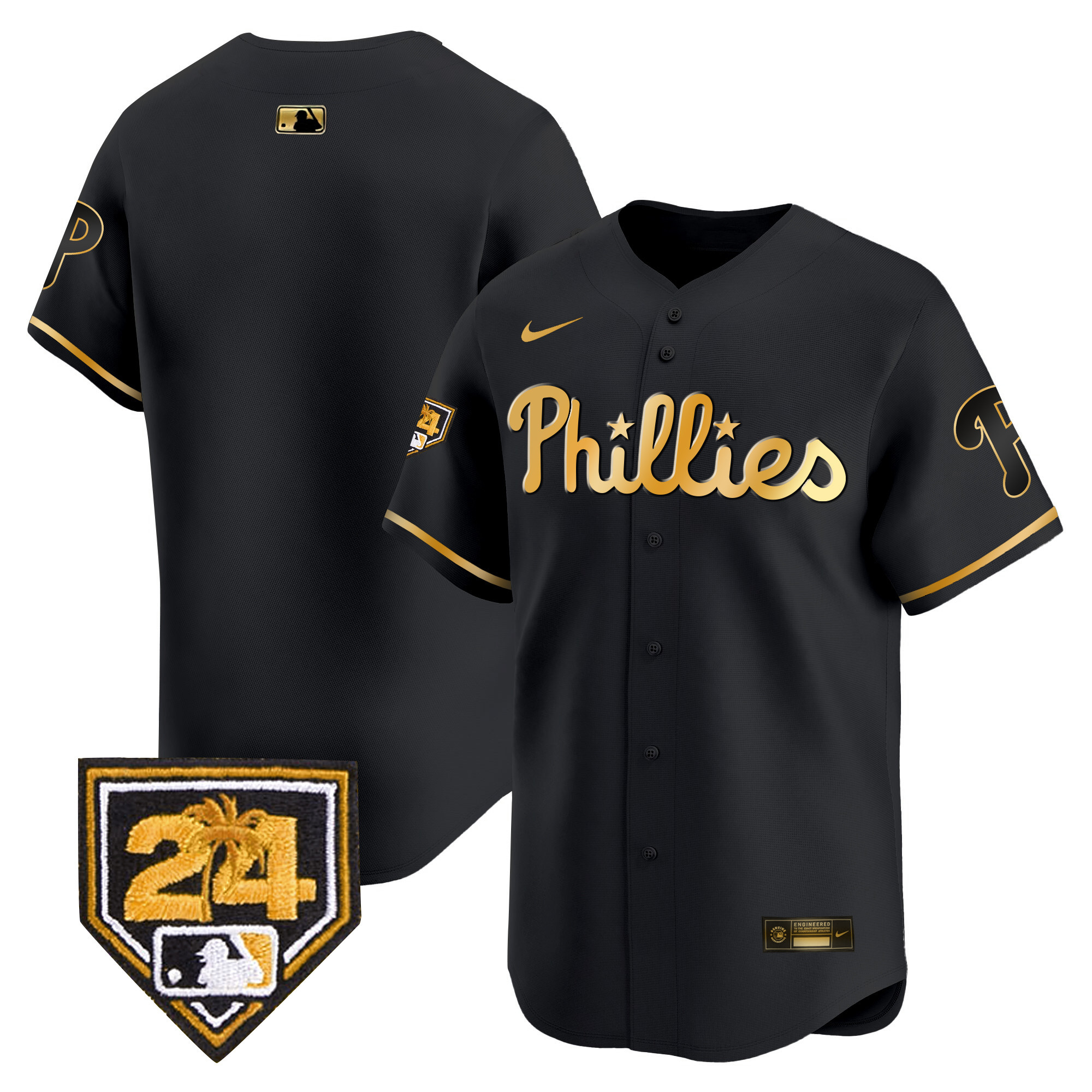 Team Men's Philadelphia Phillies 2024 Spring Training Patch Vapor Premier Limited Black Gold Jersey - All Stitched