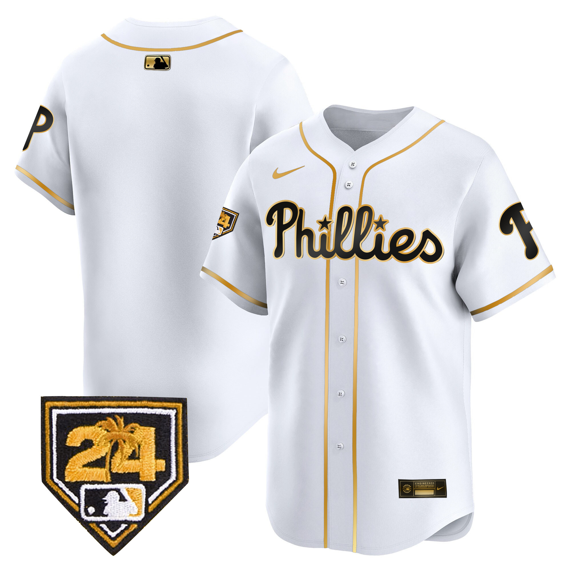 Team Men's Philadelphia Phillies 2024 Spring Training Patch Vapor Premier Limited White Gold Jersey - All Stitched