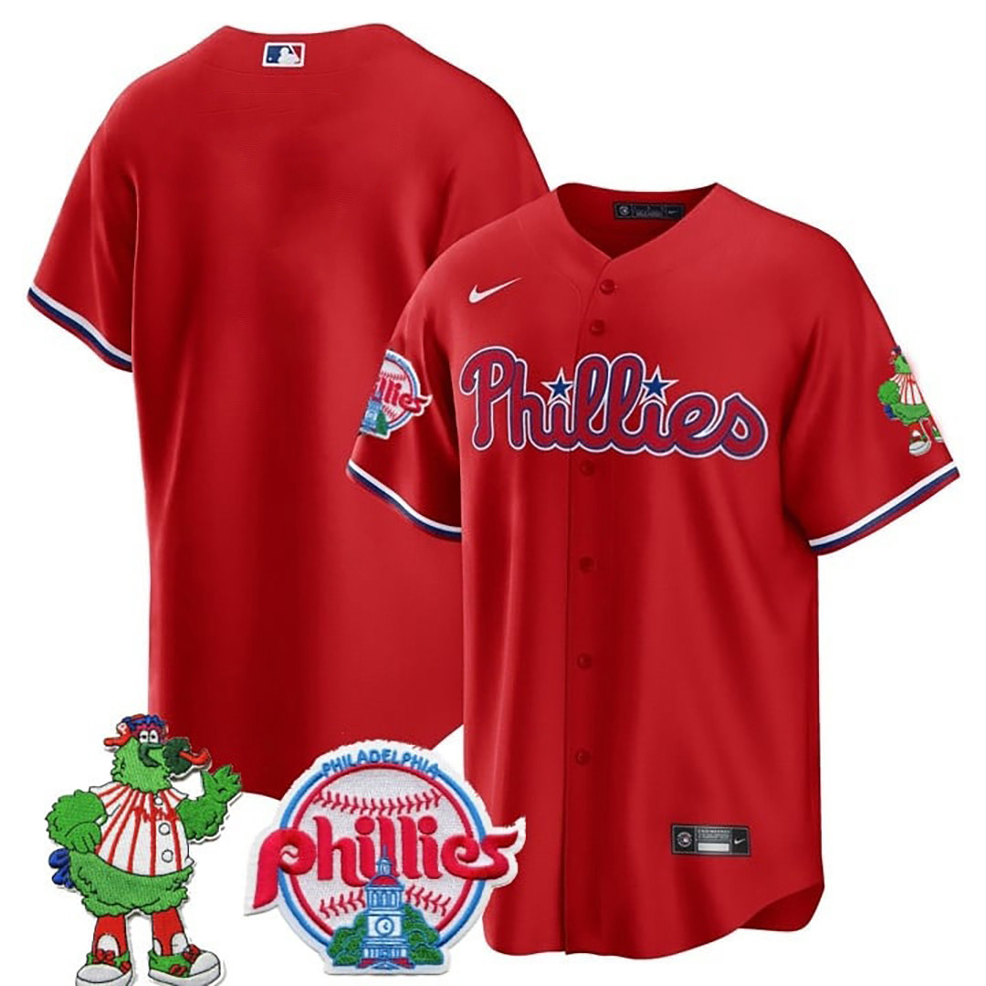Team Men's Philadelphia Phillies Phillie Phanatic Patch Cool Base Red Jersey - All Stitched