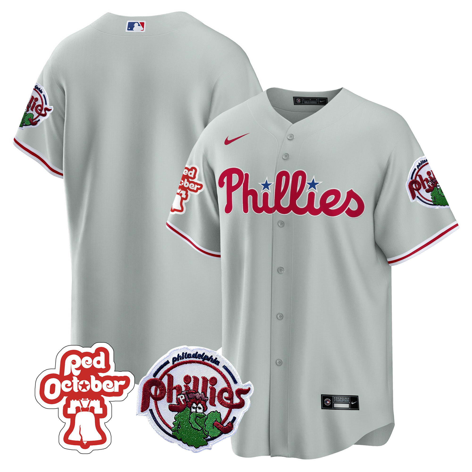 Team Men's Philadelphia Phillies Red October Patch Cool Base Gray Jersey - All Stitched