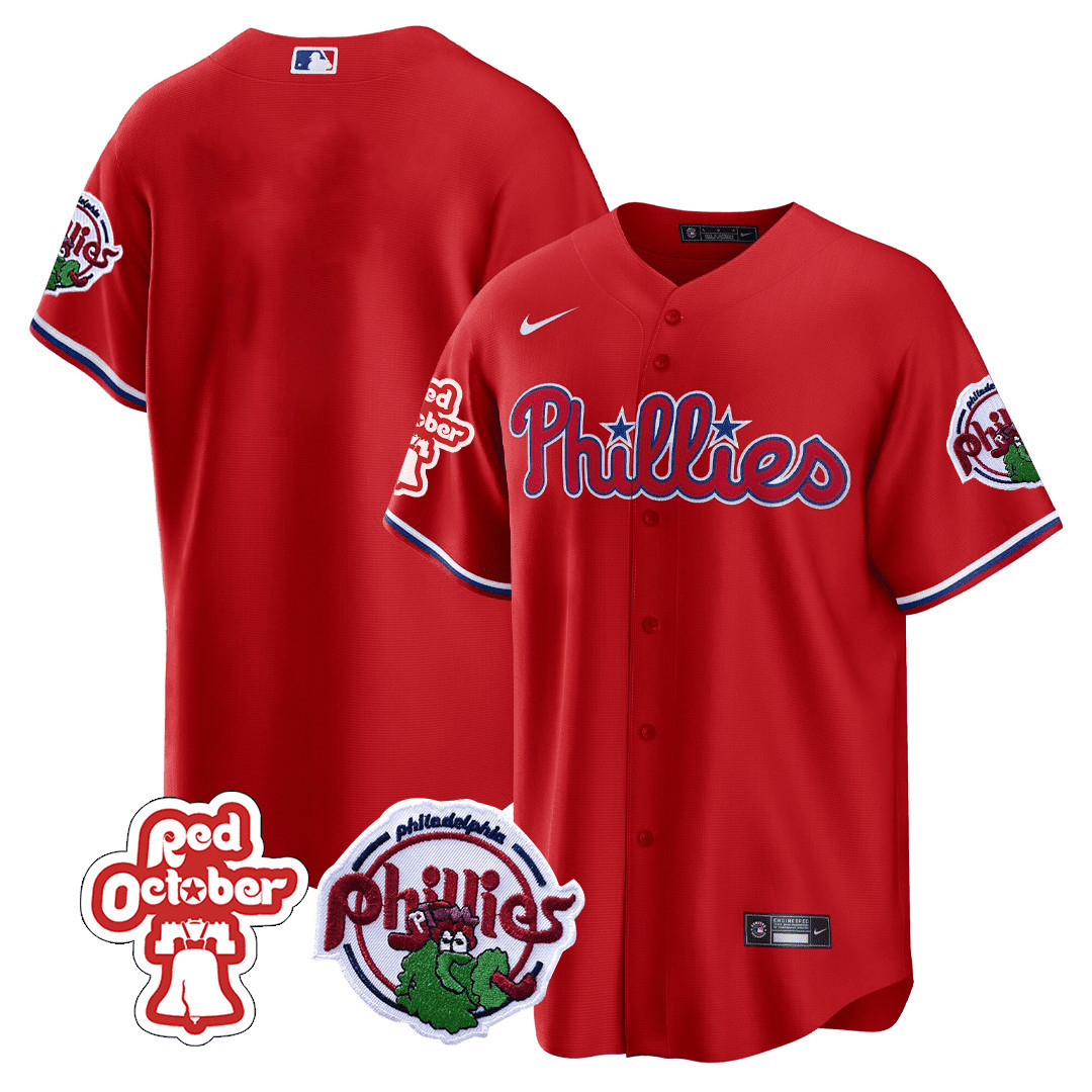 Team Men's Philadelphia Phillies Red October Patch Cool Base Jersey - All Stitched