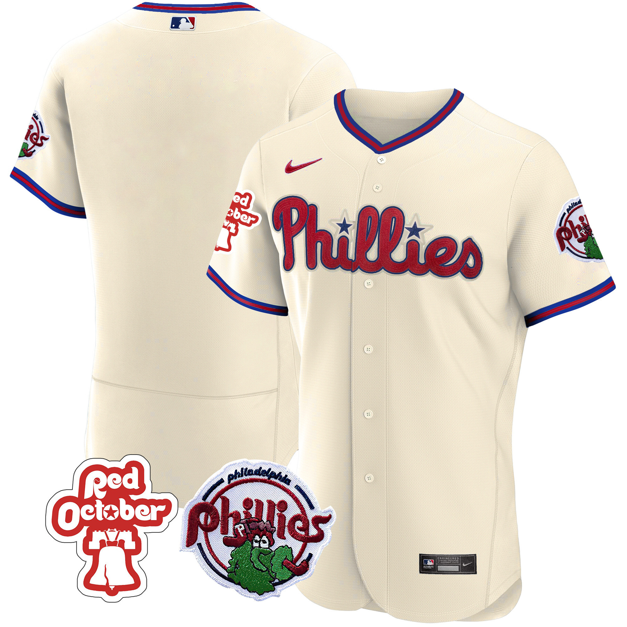 Team Men's Philadelphia Phillies Red October Patch Flex Base Cream Jersey - All Stitched