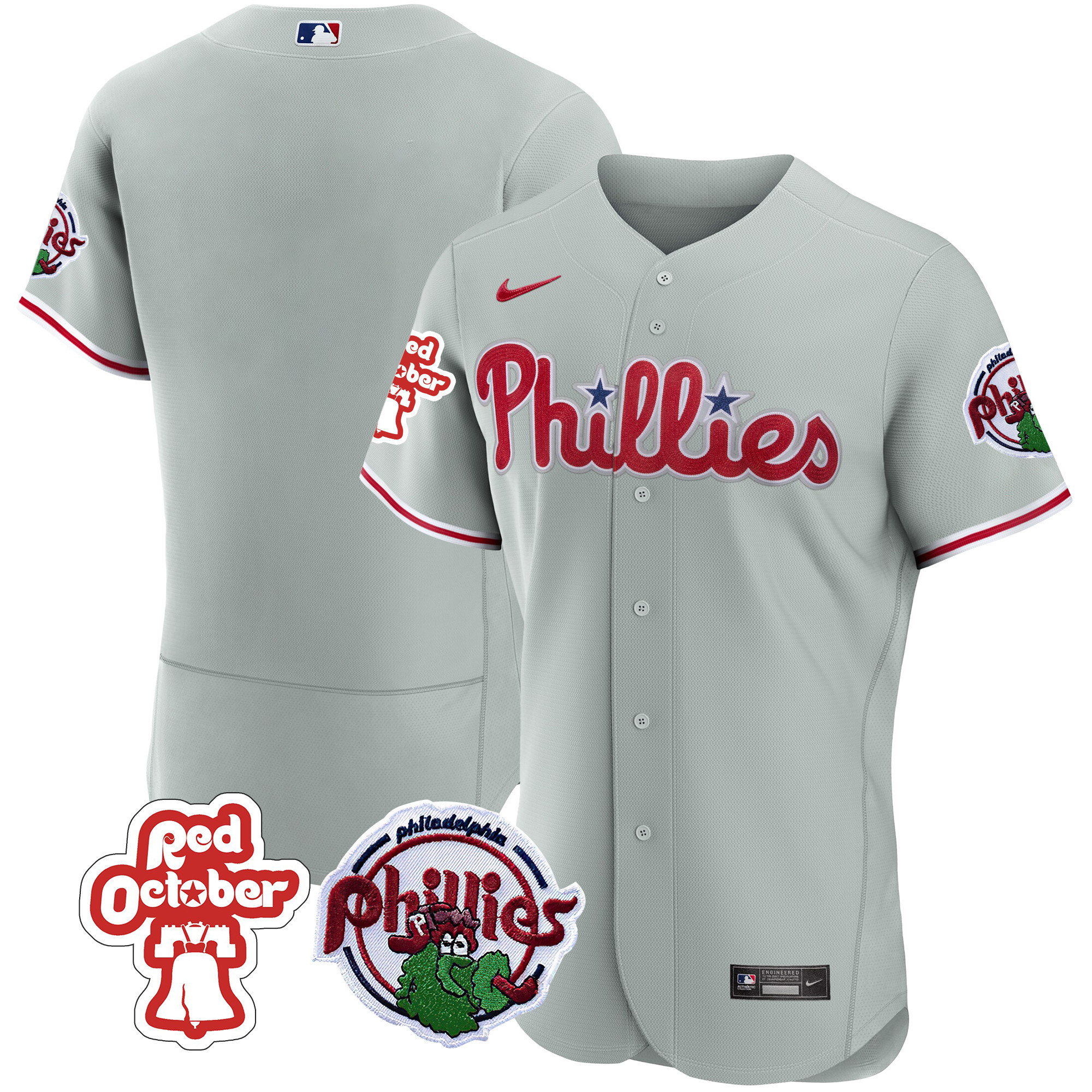 Team Men's Philadelphia Phillies Red October Patch Flex Base Gray Jersey - All Stitched