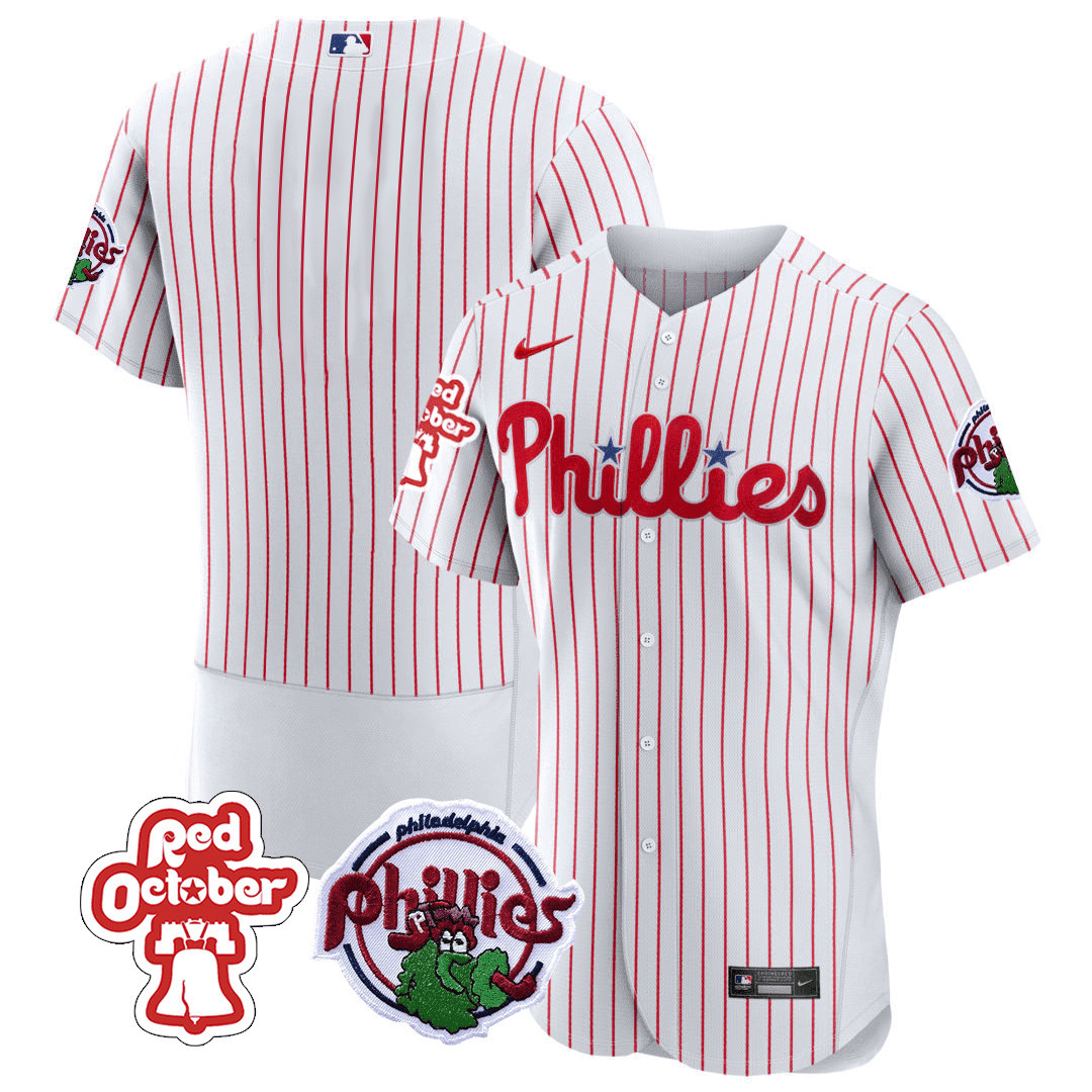 Team Men's Philadelphia Phillies Red October Patch Flex Base White Jersey - All Stitched