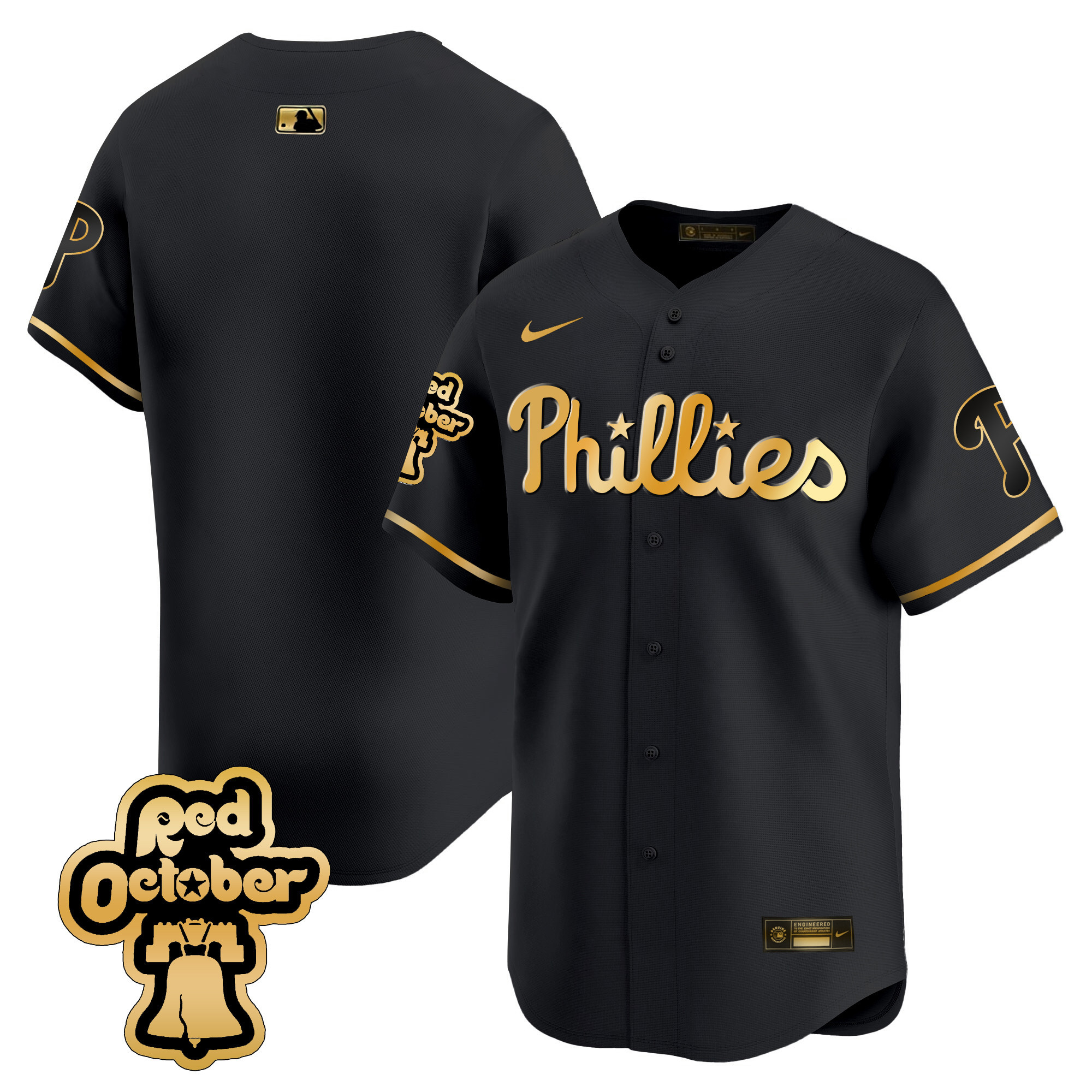 Team Men's Philadelphia Phillies Red Octorber Patch Vapor Premier Limited Black Gold Jersey - All Stitched