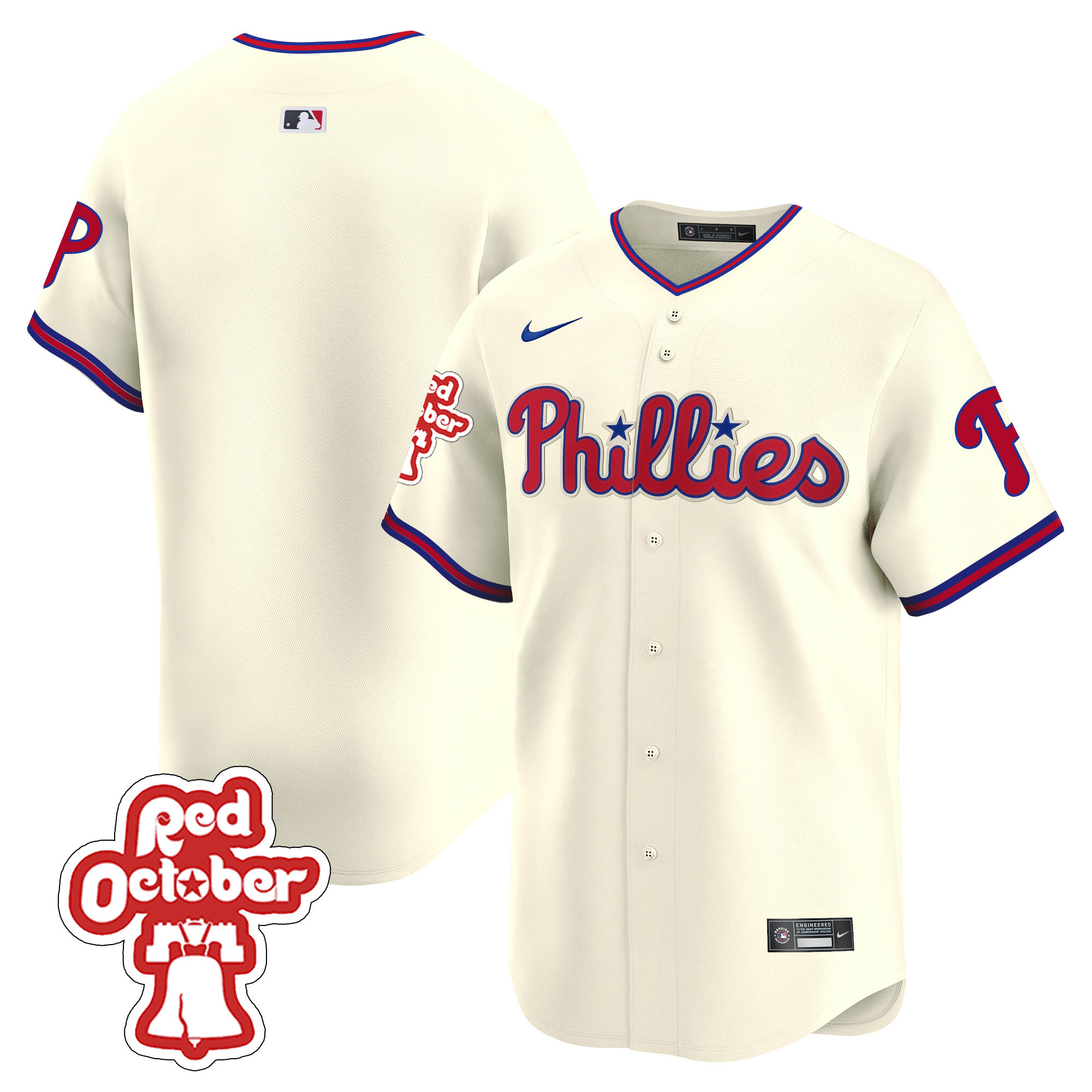Team Men's Philadelphia Phillies Red Octorber Patch Vapor Premier Limited Cream Jersey - All Stitched