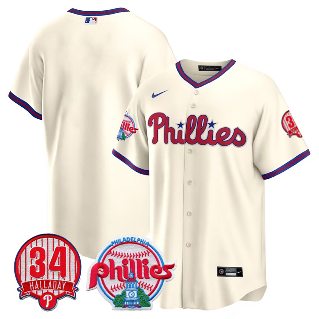 Team Men's Philadelphia Phillies Roy Halladay Patch #34 Cool Base Cream Jersey - All Stitched