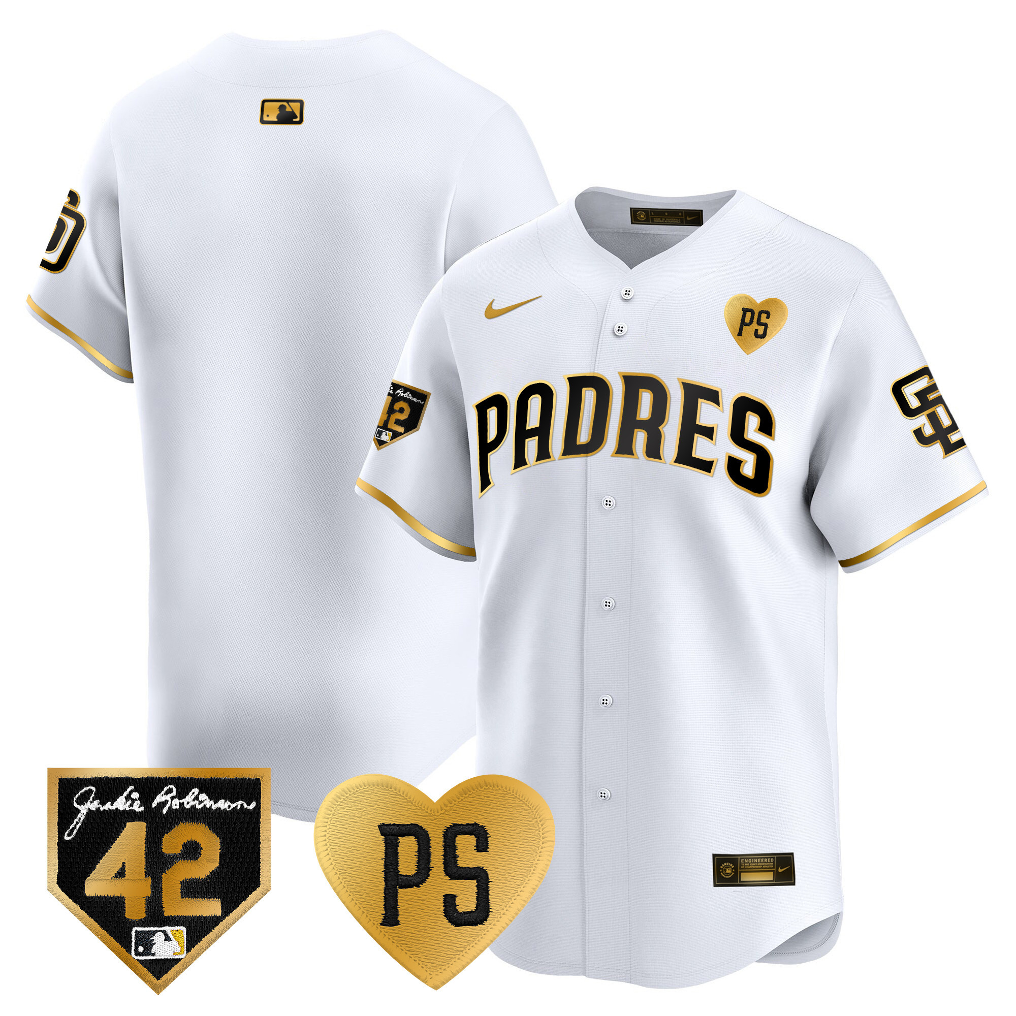 Team Men's San Diego Padres 2024 "For Peter" & Robinson Patch Vapor Premier Limited White Gold Jersey - All Stitched