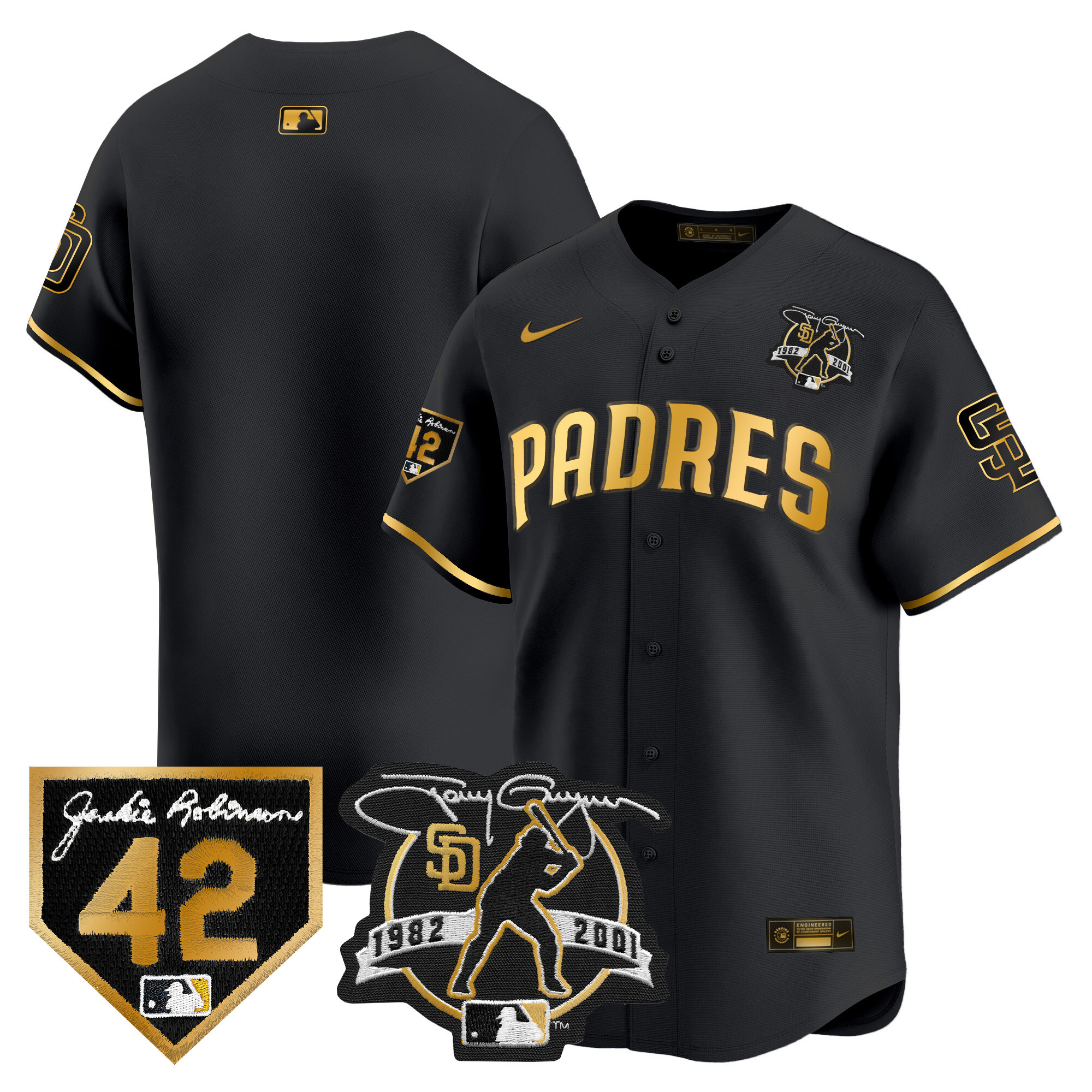 Team Men's San Diego Padres 2024 Tony Gwynn & Robinson Patch Vapor Premier Limited Black Gold Jersey - All Stitched
