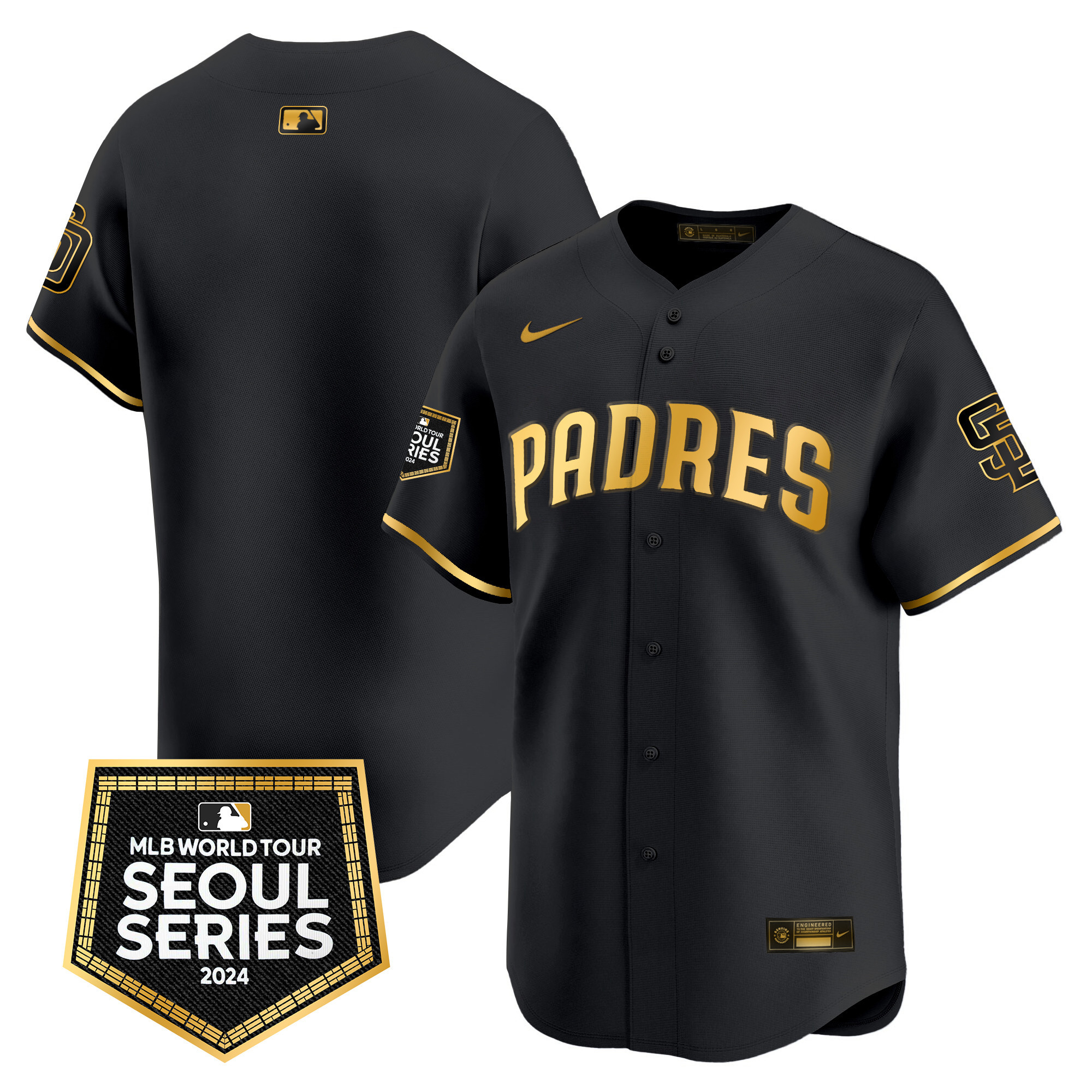 Team Men's San Diego Padres 2024 World Tour Seoul Series Patch Vapor Premier Limited Black Gold Jersey - All Stitched