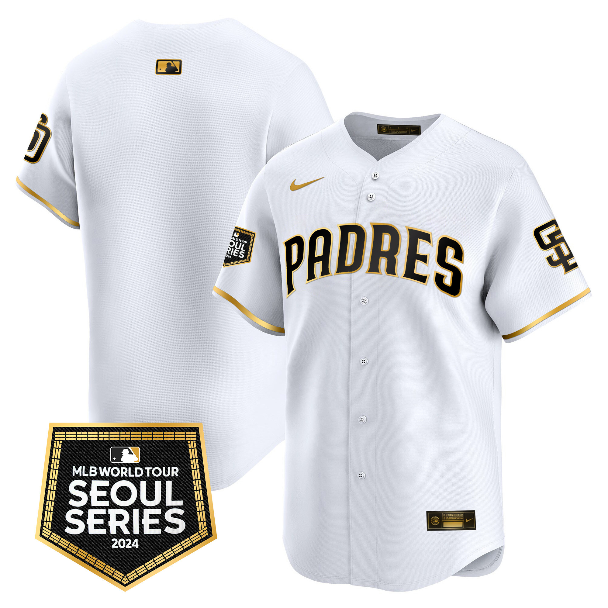 Team Men's San Diego Padres 2024 World Tour Seoul Series Patch Vapor Premier Limited White Gold Jersey - All Stitched