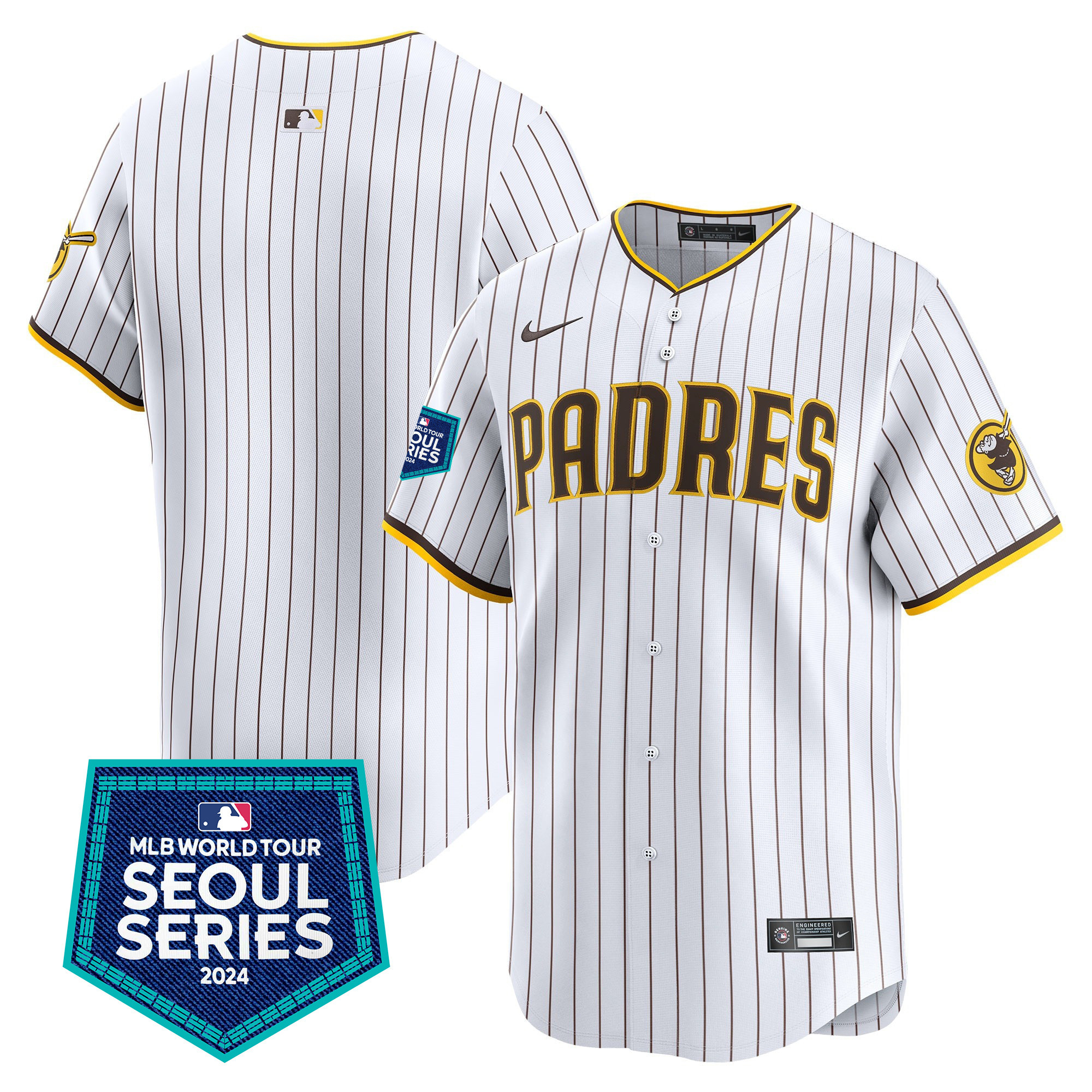 Team Men's San Diego Padres 2024 World Tour Seoul Series Patch Vapor Premier Limited White Jersey - All Stitched
