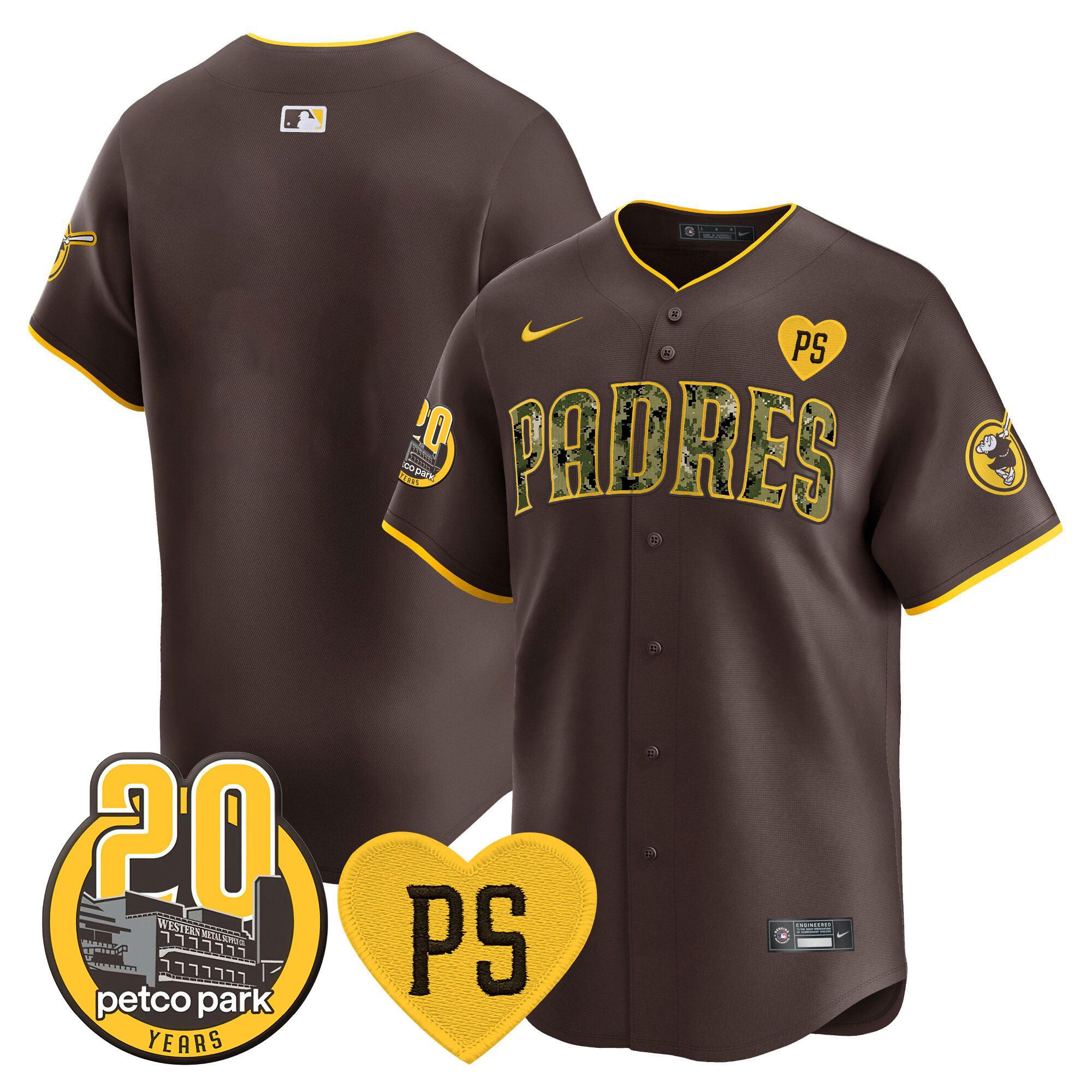 Team Men's San Diego Padres "For Peter" & Petco Park 20th Patch USMC Vapor Premier Limited V2 Brown Jersey - All Stitched