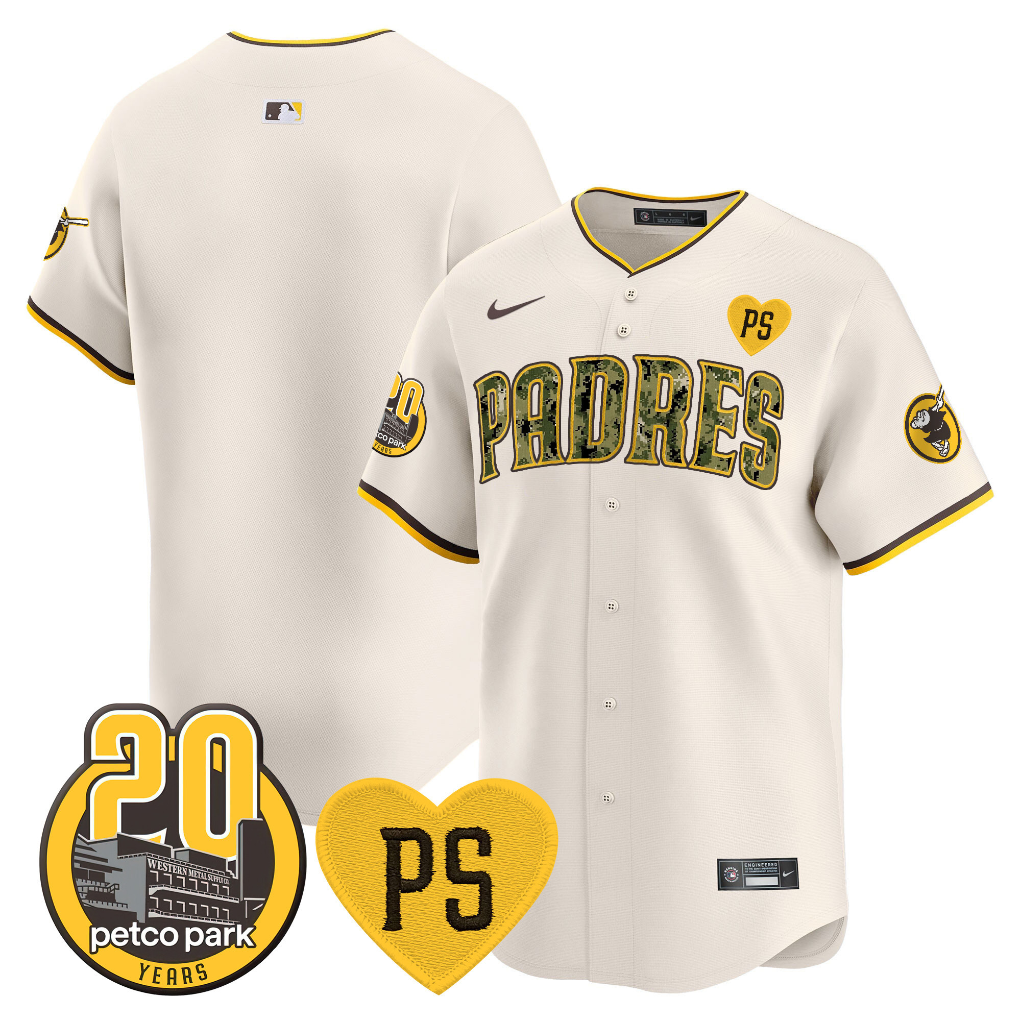 Team Men's San Diego Padres "For Peter" & Petco Park 20th Patch USMC Vapor Premier Limited V2 Cream Jersey - All Stitched