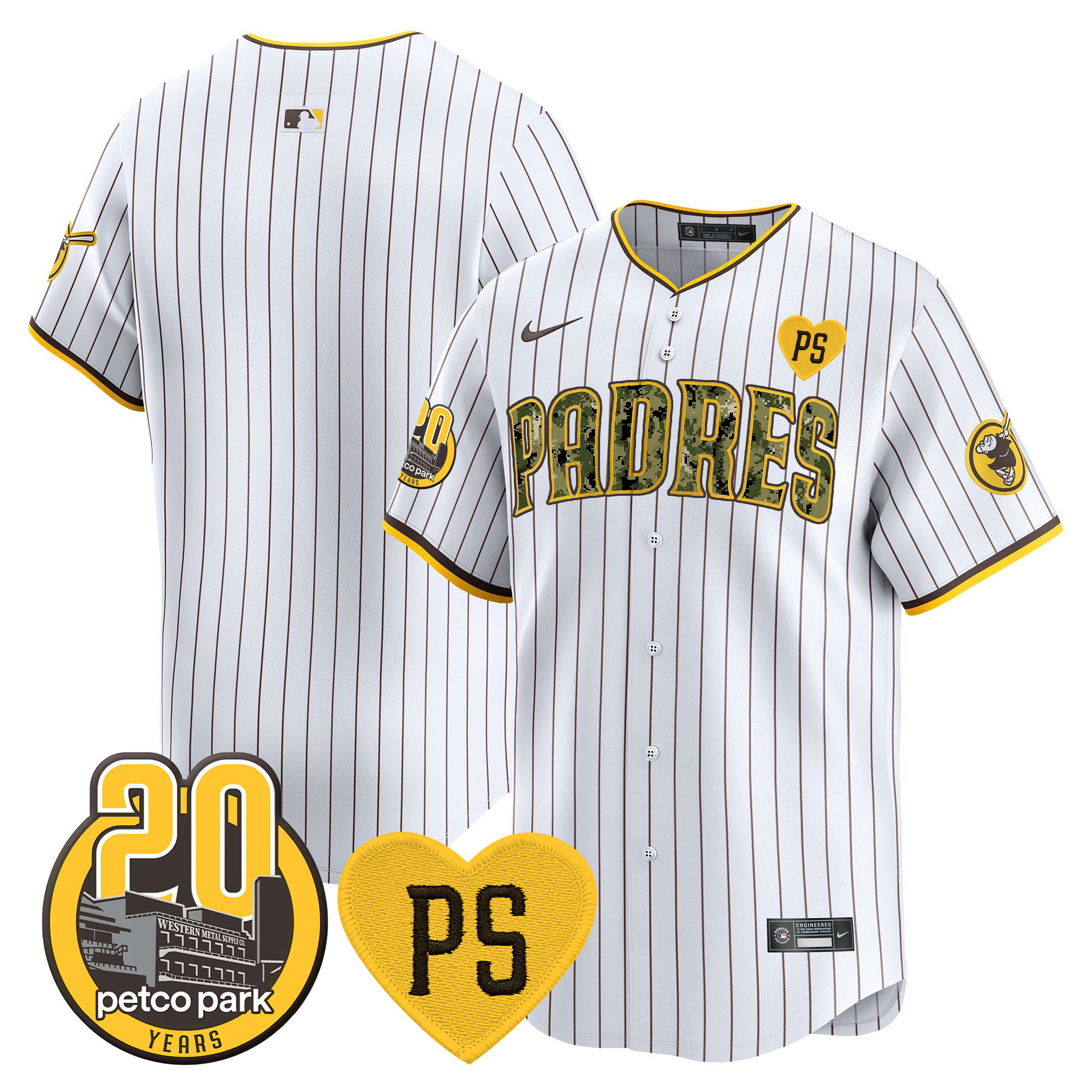 Team Men's San Diego Padres "For Peter" & Petco Park 20th Patch USMC Vapor Premier Limited V2 Pinstripe Jersey - All Stitched