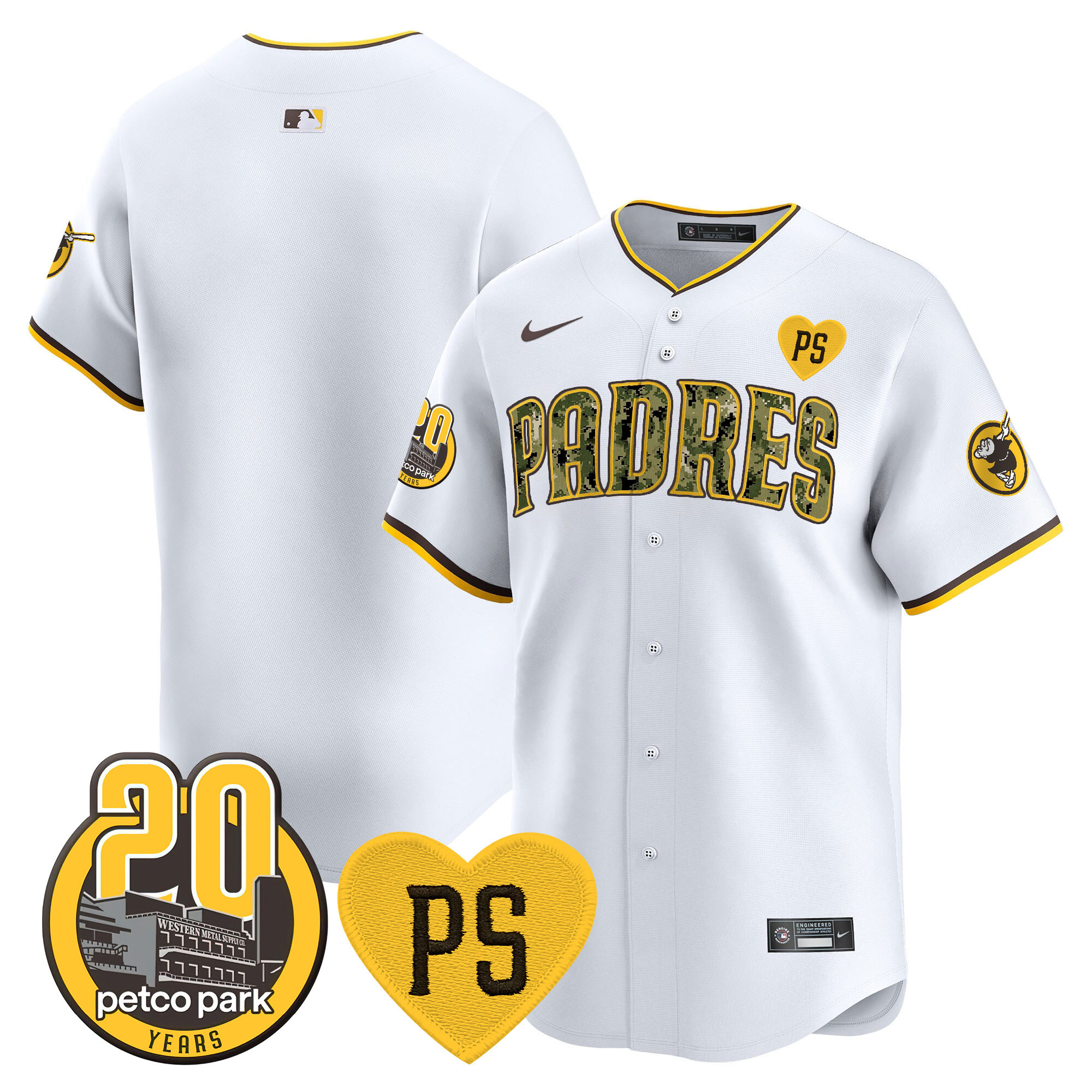 Team Men's San Diego Padres "For Peter" & Petco Park 20th Patch USMC Vapor Premier Limited V2 White Jersey - All Stitched