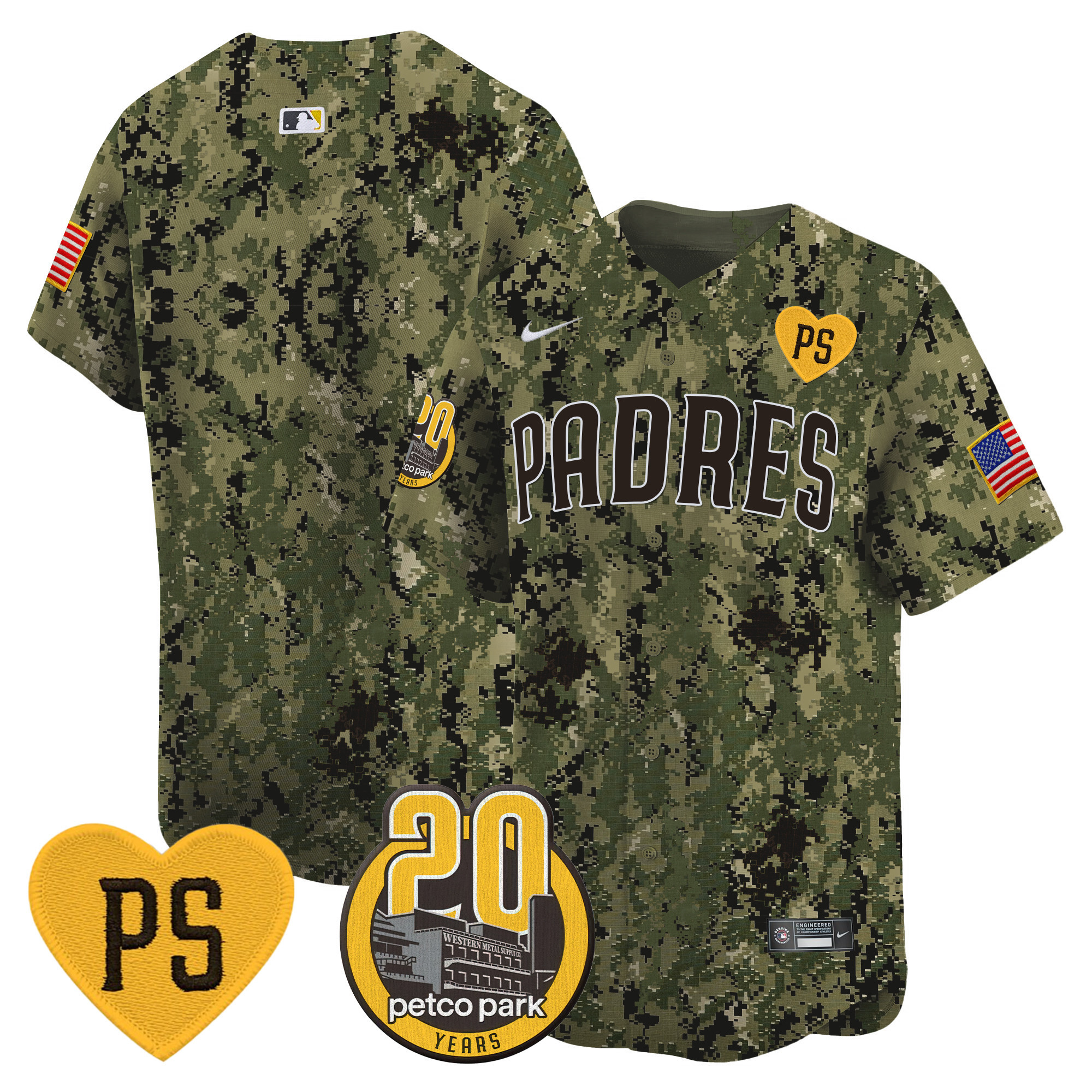 Team Men's San Diego Padres "For Peter" & Petco Park 20th Patch USMC Vapor Premier Limited Woodland Jersey - All Stitched