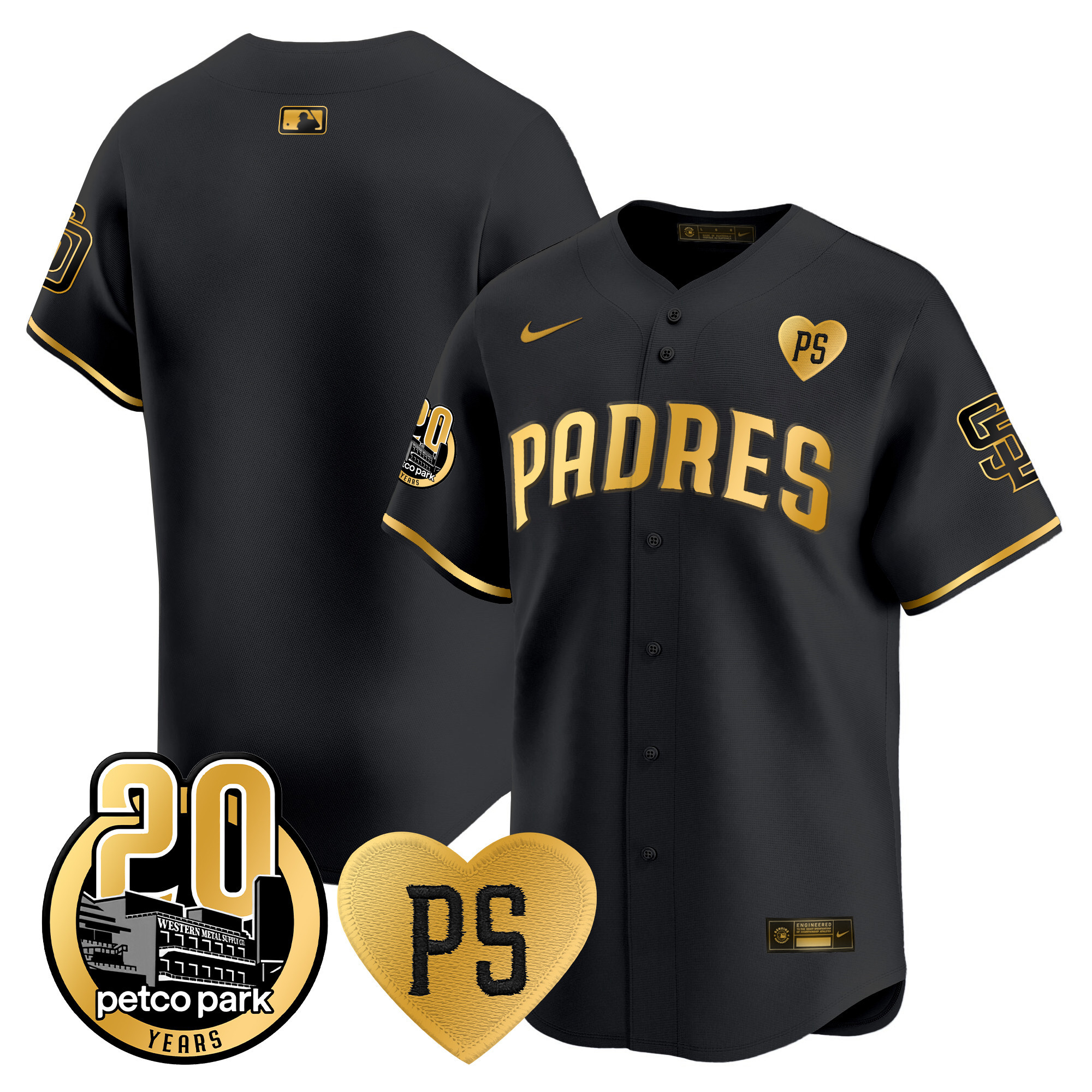 Team Men's San Diego Padres "For Peter" & Petco Park 20th Patch Vapor Premier Limited Black Gold Jersey - All Stitched