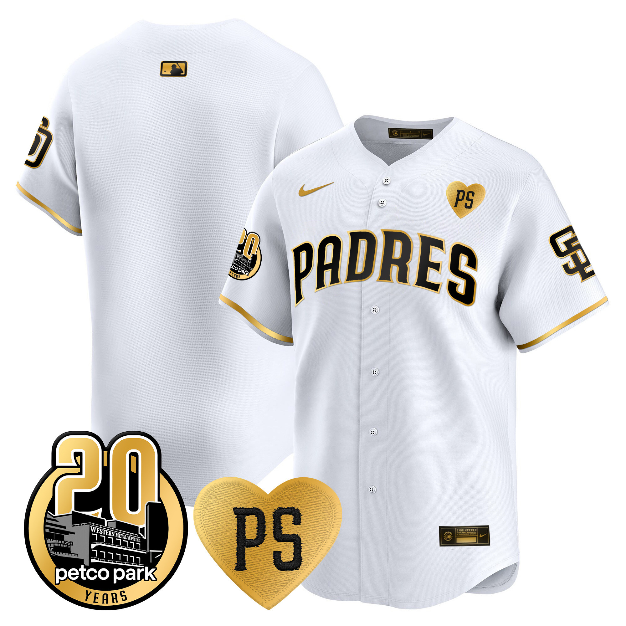 Team Men's San Diego Padres "For Peter" & Petco Park 20th Patch Vapor Premier Limited White Gold Jersey - All Stitched