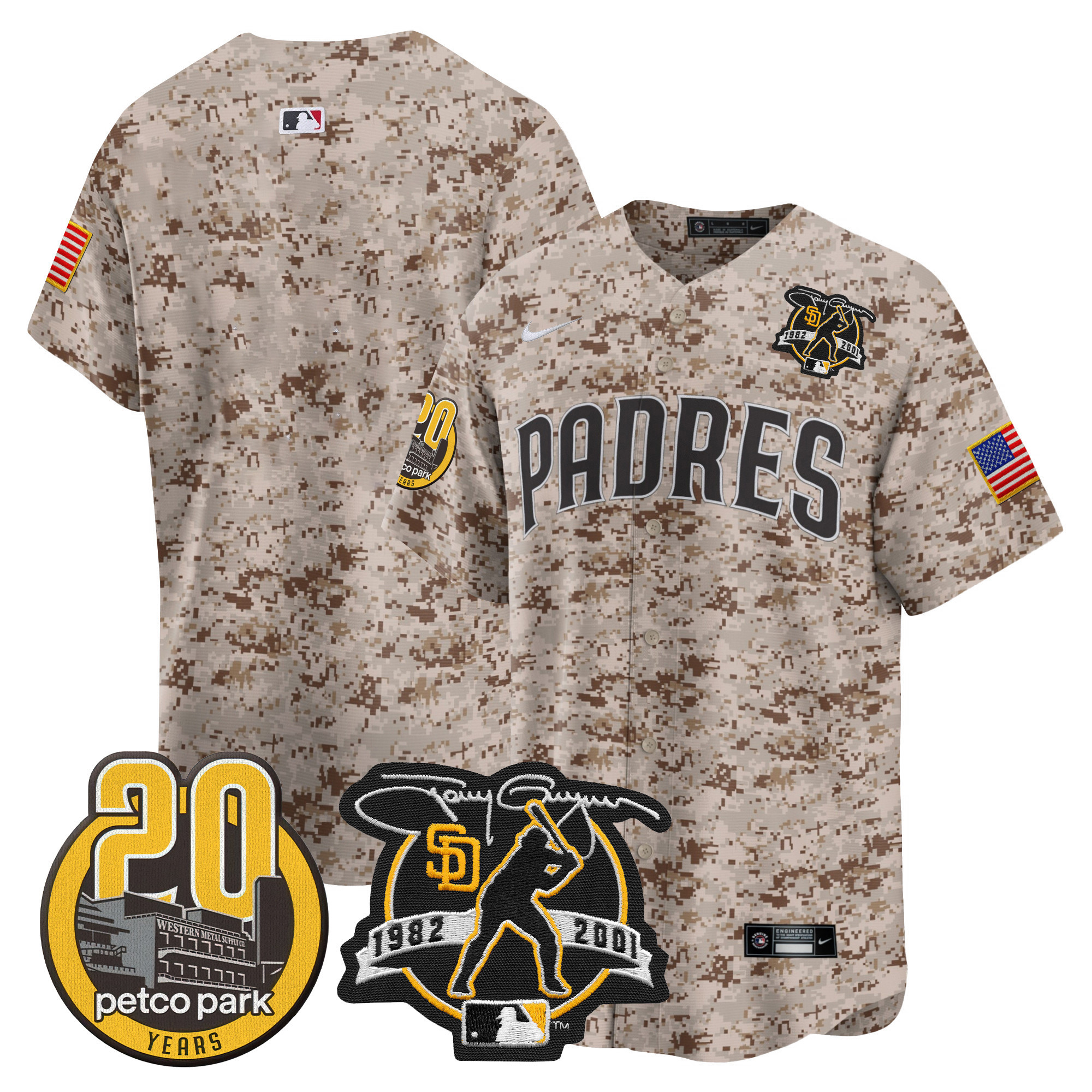 Team Men's San Diego Padres Tony Gwynn & Petco Park 20th Patch USMC Vapor Premier Limited Desert Jersey - All Stitched