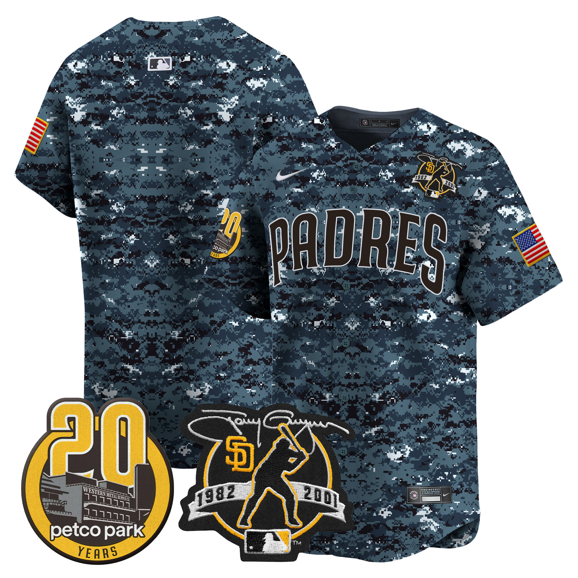 Team Men's San Diego Padres Tony Gwynn & Petco Park 20th Patch USMC Vapor Premier Limited Navy Jersey - All Stitched