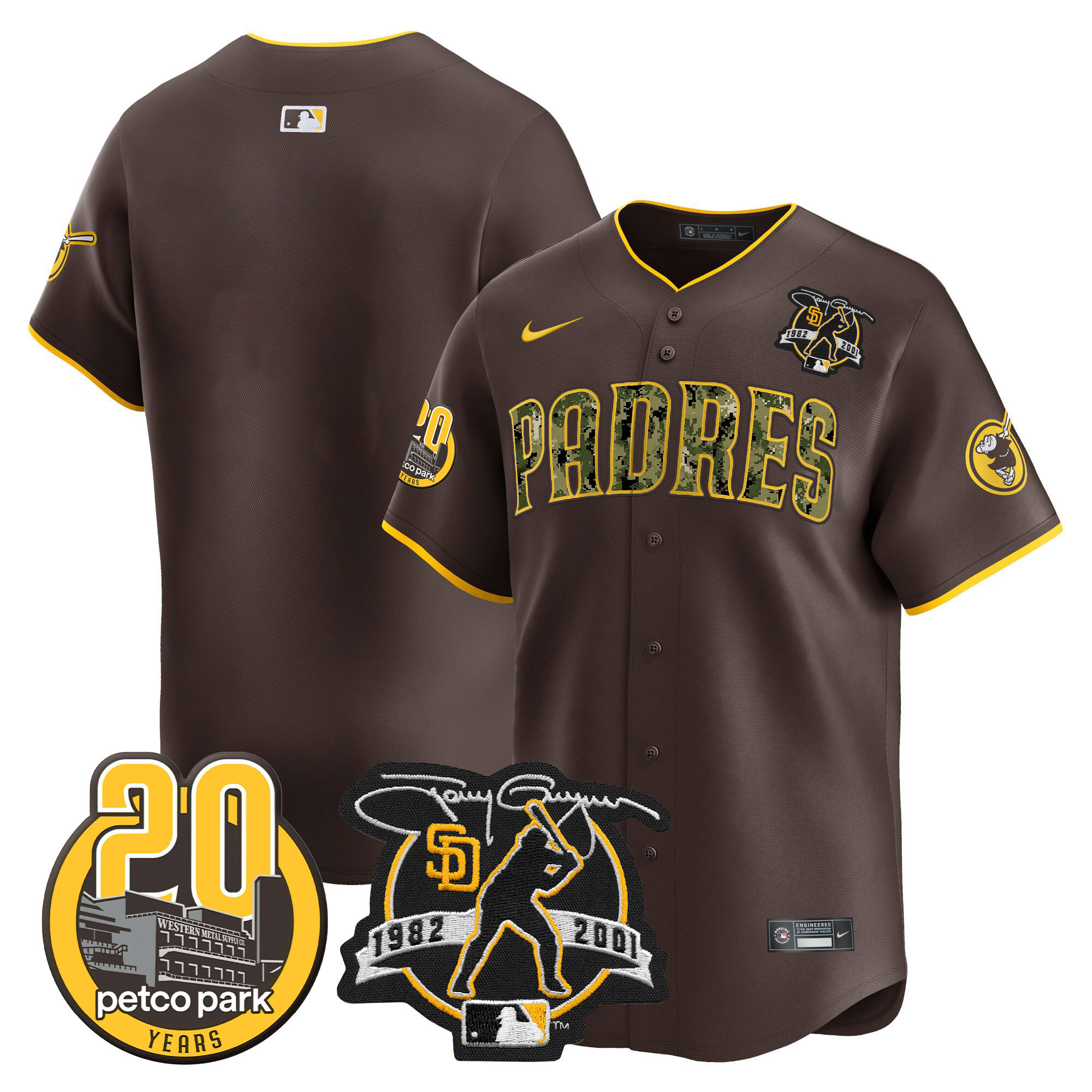 Team Men's San Diego Padres Tony Gwynn & Petco Park 20th Patch USMC Vapor Premier Limited V2 Brown Jersey - All Stitched