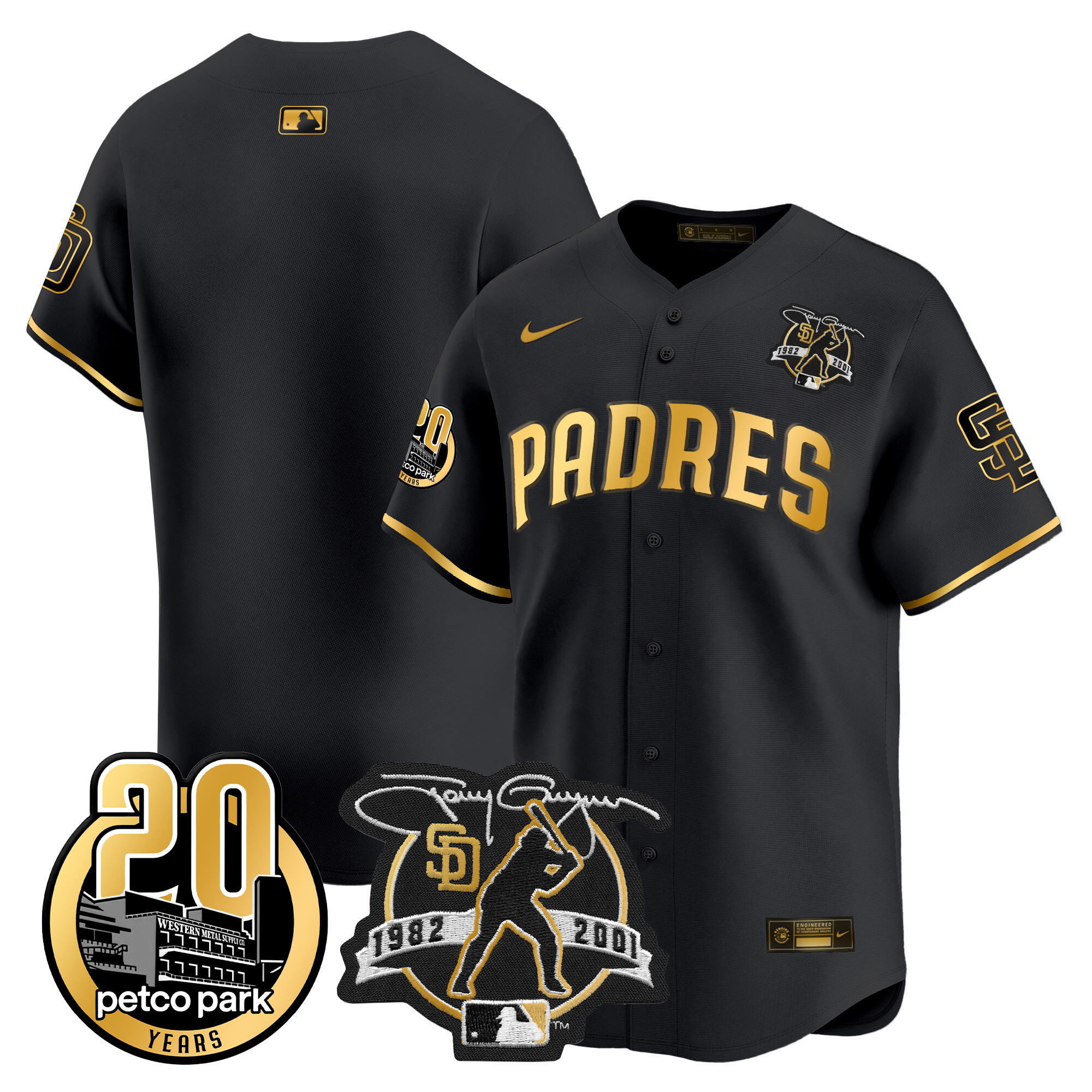 Team Men's San Diego Padres Tony Gwynn & Petco Park 20th Patch Vapor Premier Limited Black Gold Jersey - All Stitched