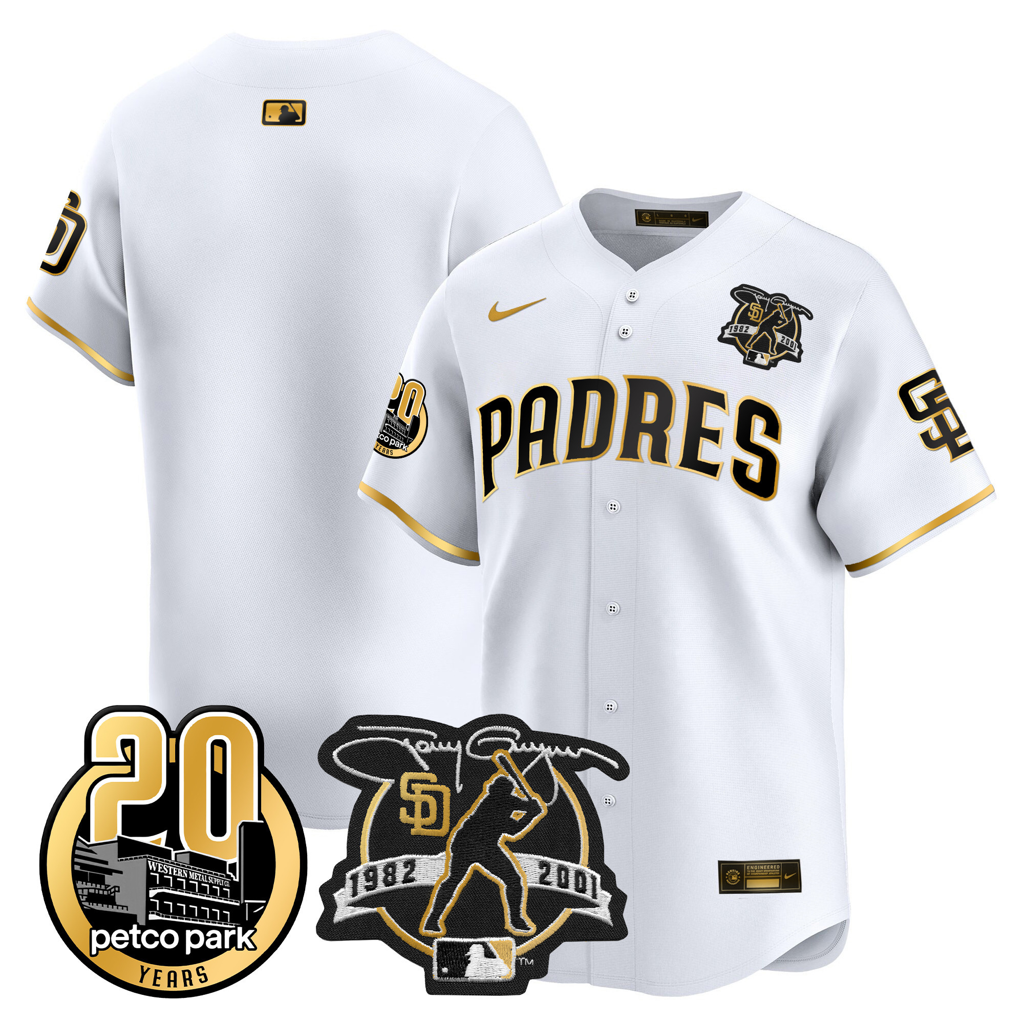 Team Men's San Diego Padres Tony Gwynn & Petco Park 20th Patch Vapor Premier Limited White Gold Jersey - All Stitched