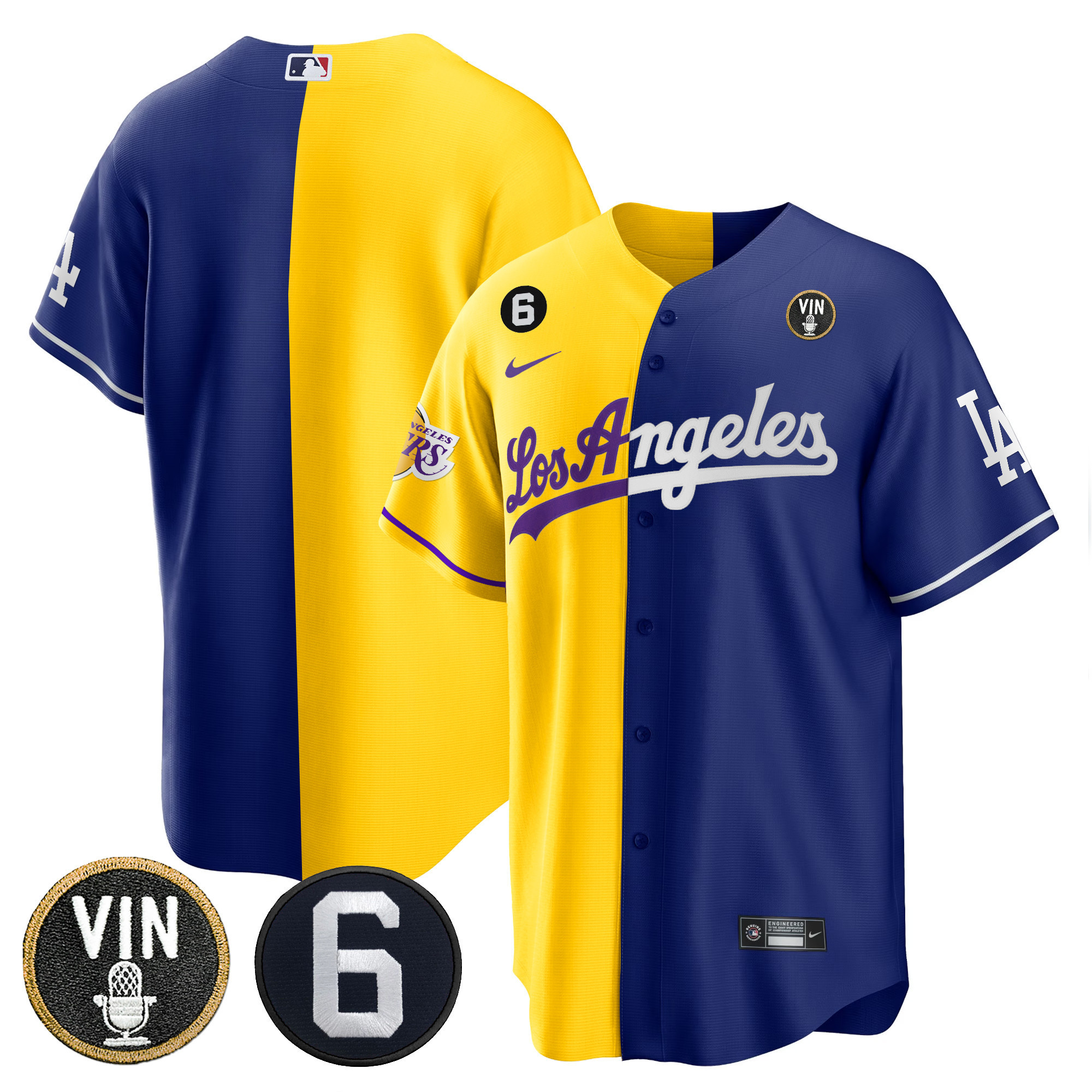 Team Men's Split Los Angeles Dodgers - Lakers Cool Base Gold Royal Jersey - All Stitched