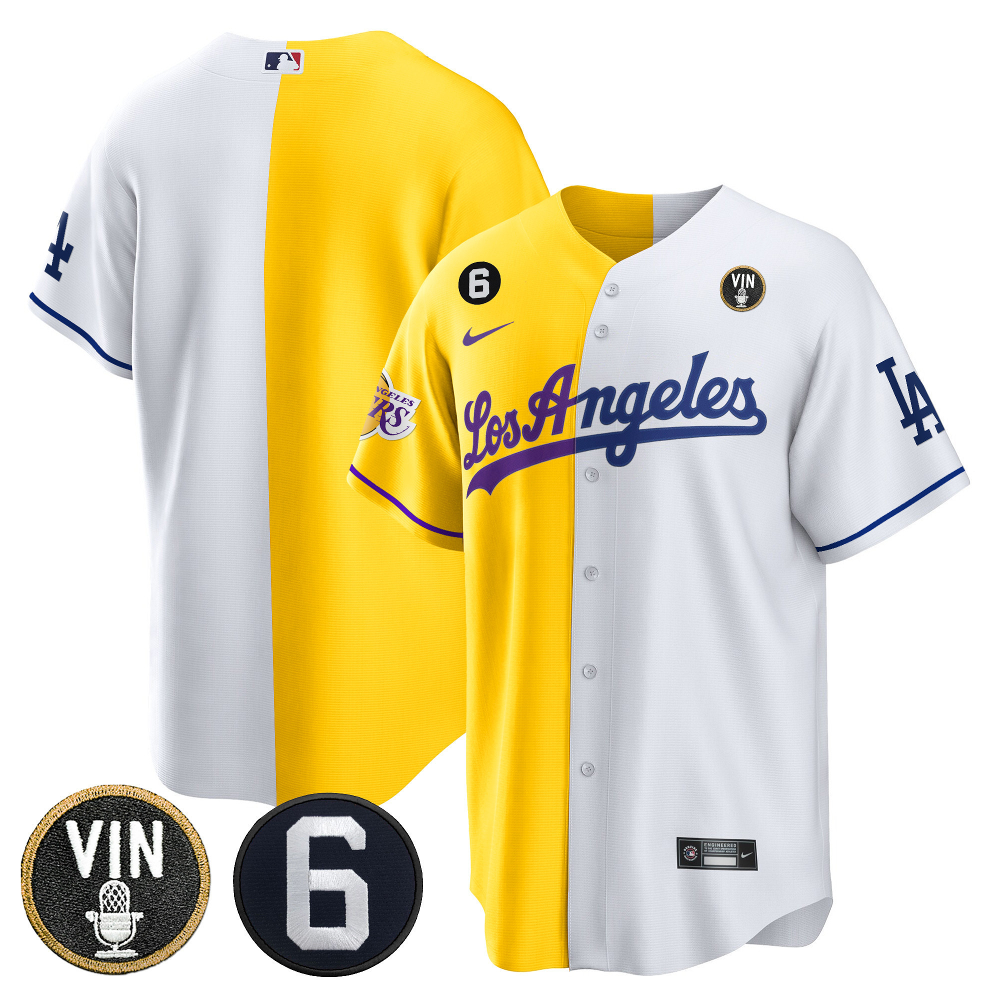 Team Men's Split Los Angeles Dodgers - Lakers Cool Base Gold White Jersey - All Stitched