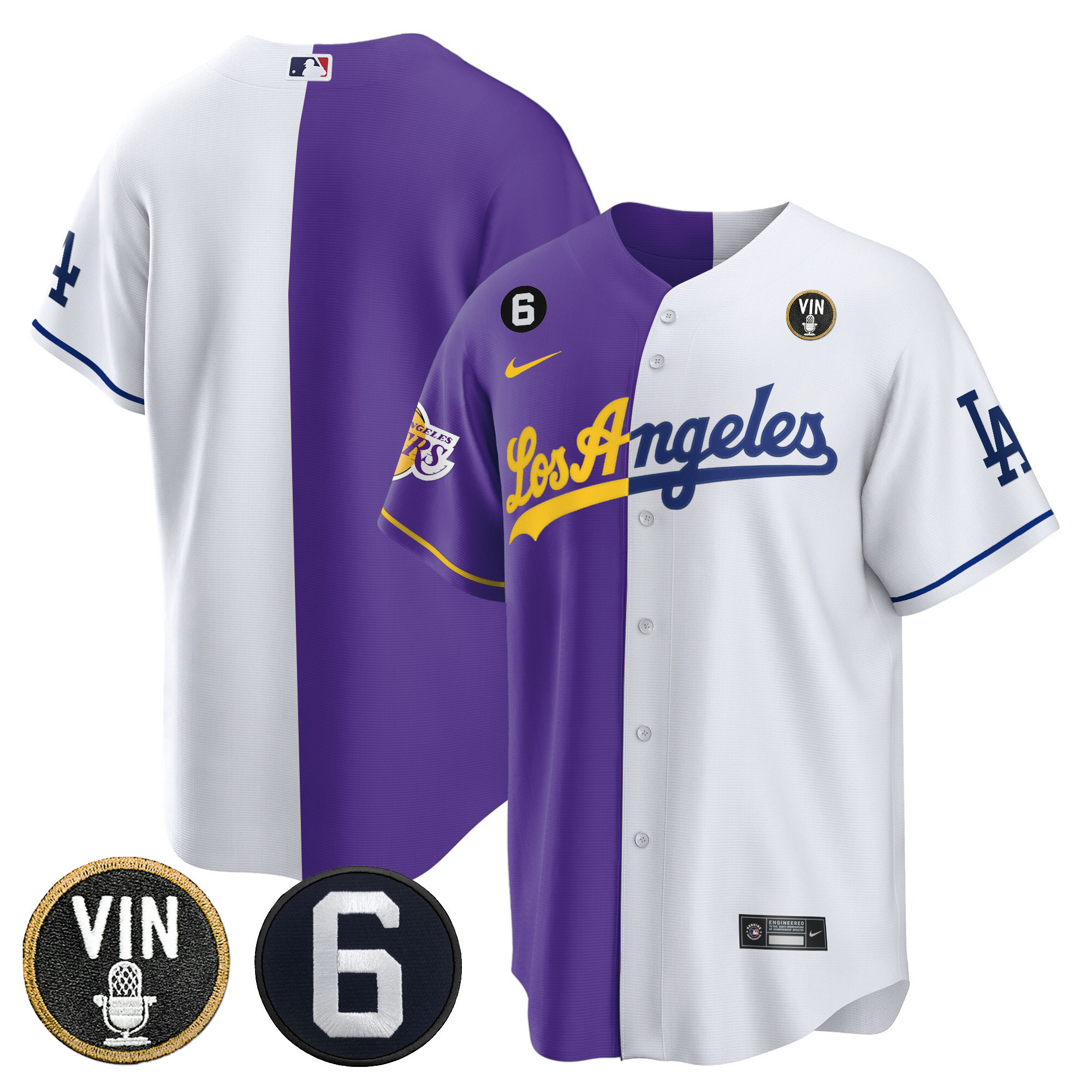 Team Men's Split Los Angeles Dodgers - Lakers Cool Base Purple White Jersey - All Stitched