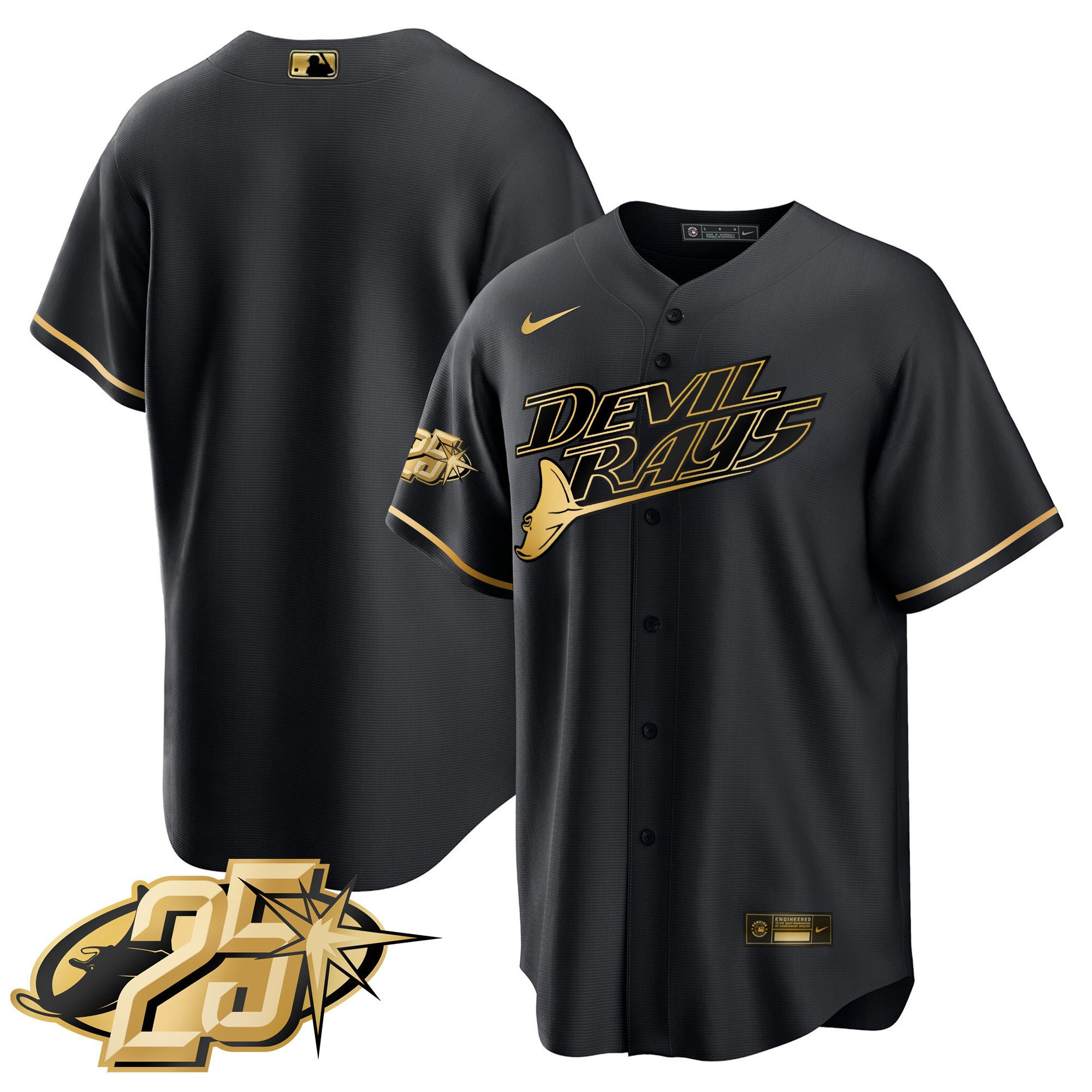 Team Men's Tampa Bay Rays 25th Anniversary Patch Cool Base Black Gold Jersey - All Stitched