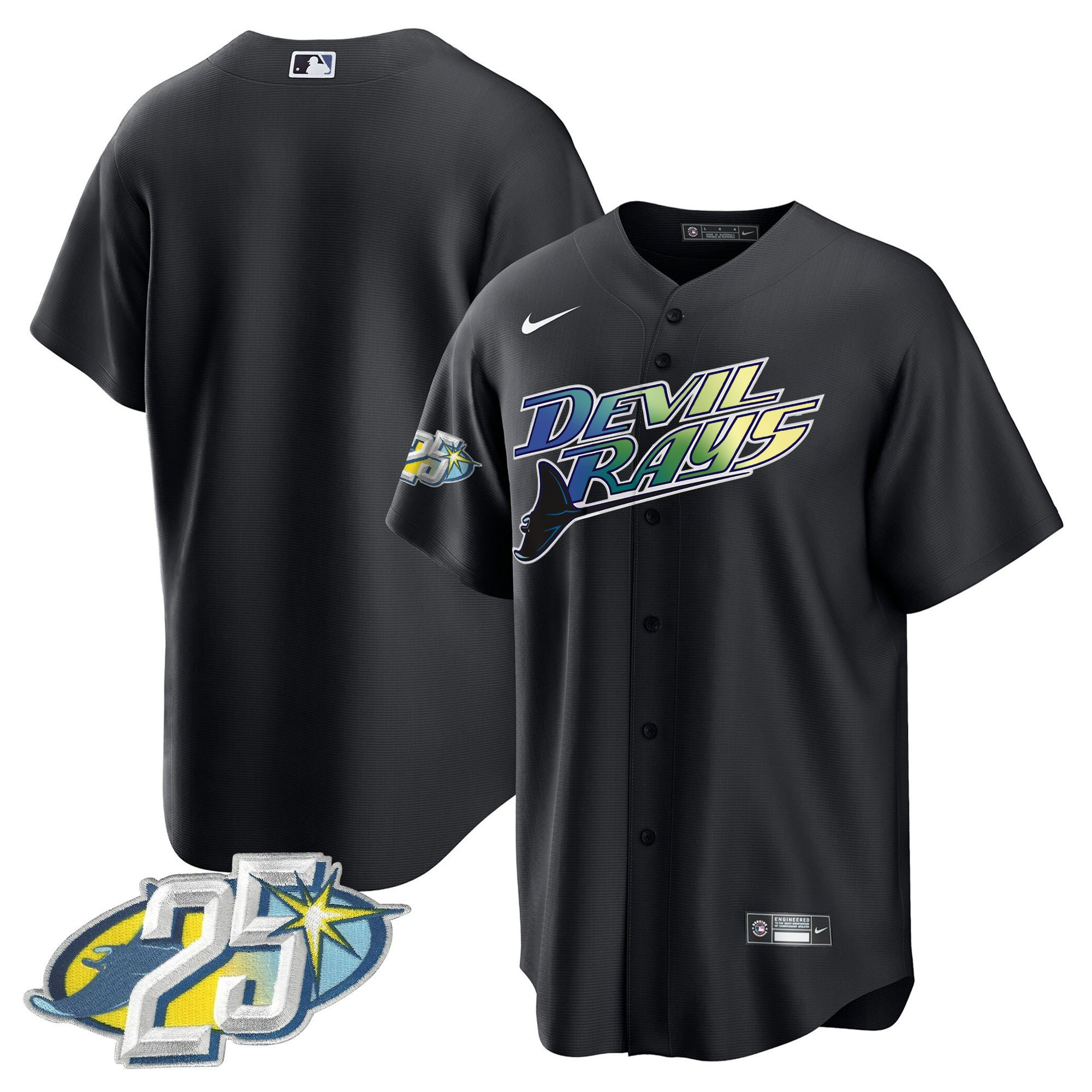 Team Men's Tampa Bay Rays 25th Anniversary Patch Cool Base Black Jersey - All Stitched