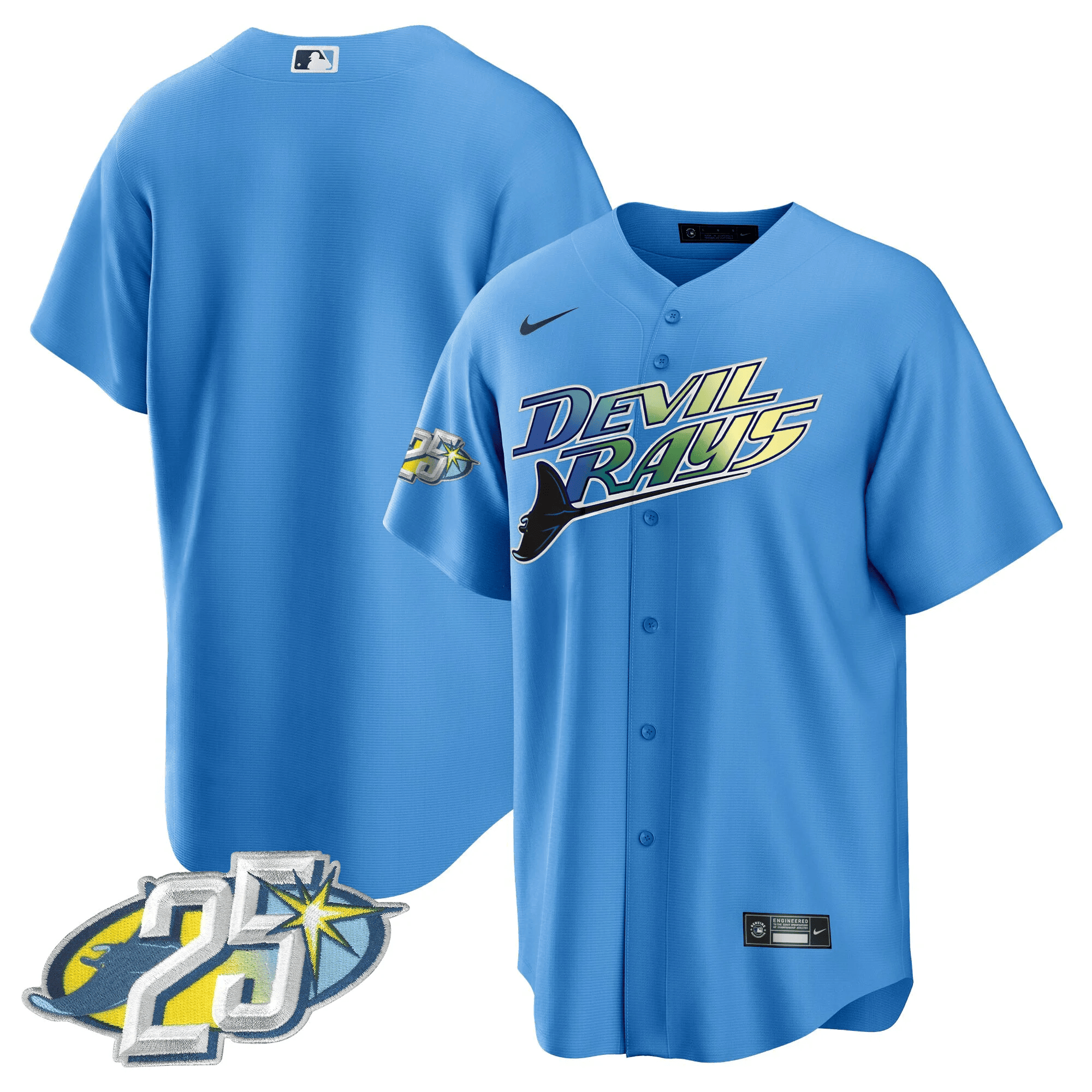 Team Men's Tampa Bay Rays 25th Anniversary Patch Cool Base Light Blue Jersey - All Stitched