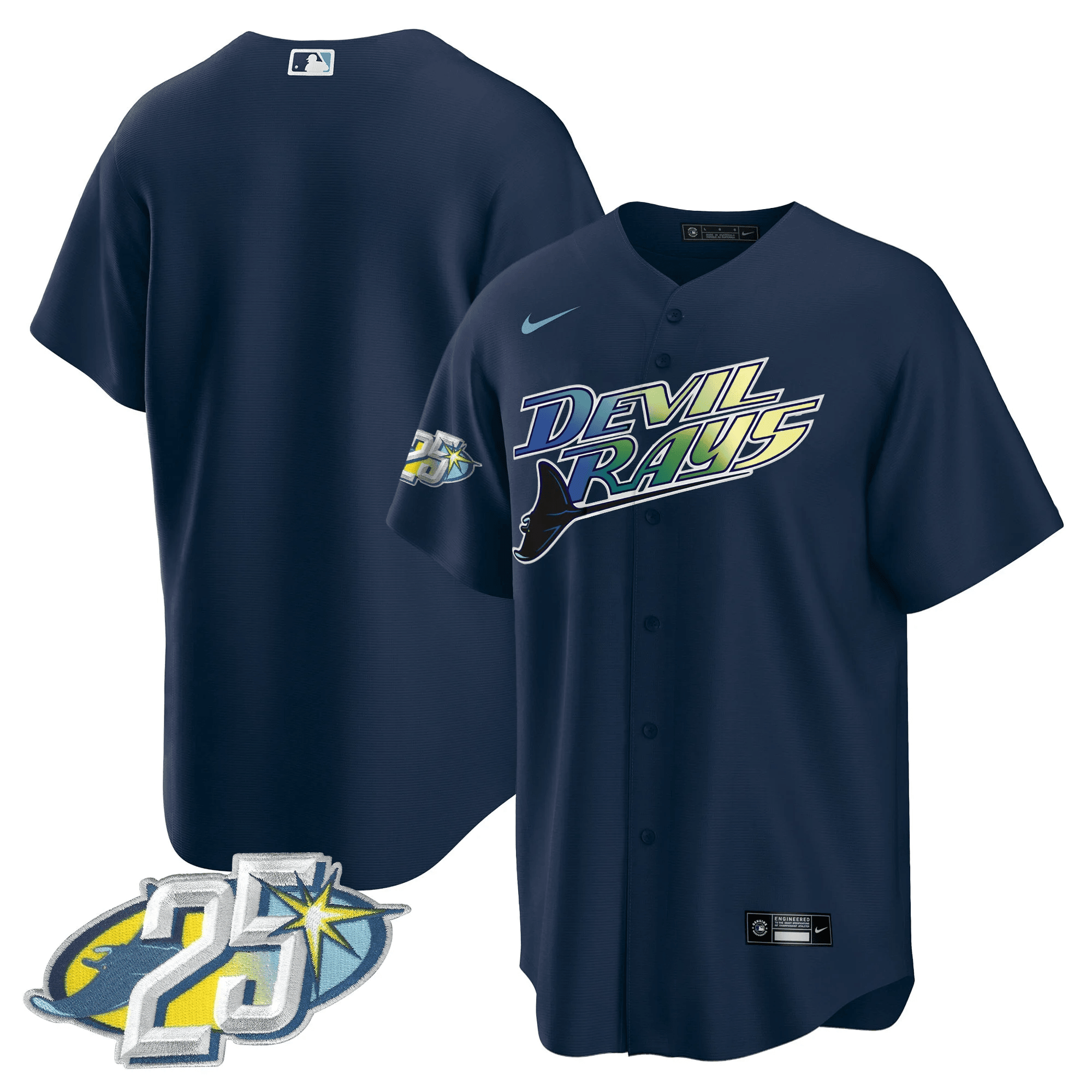 Team Men's Tampa Bay Rays 25th Anniversary Patch Cool Base Navy Jersey - All Stitched - Image 1