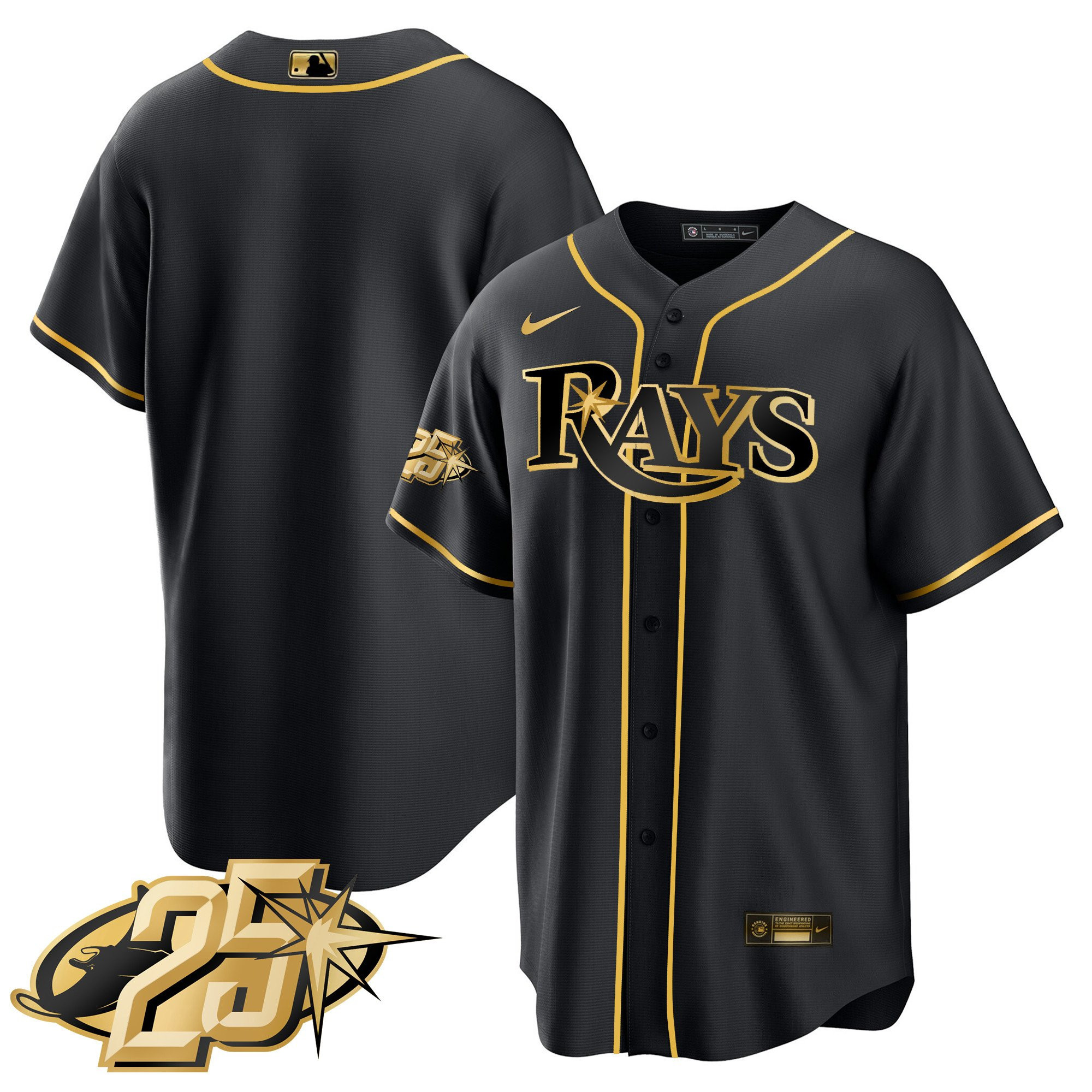 Team Men's Tampa Bay Rays 25th Anniversary Patch Cool Base V2 Black Gold Jersey - All Stitched