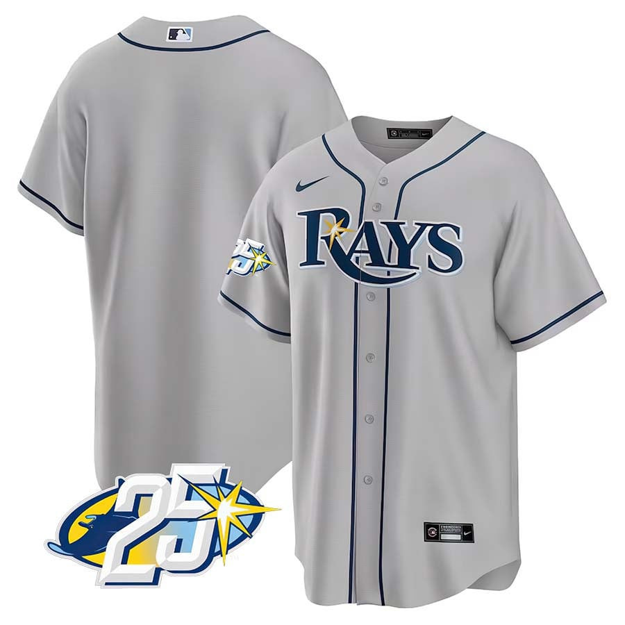Team Men's Tampa Bay Rays 25th Anniversary Patch Cool Base V2 Gray Jersey - All Stitched