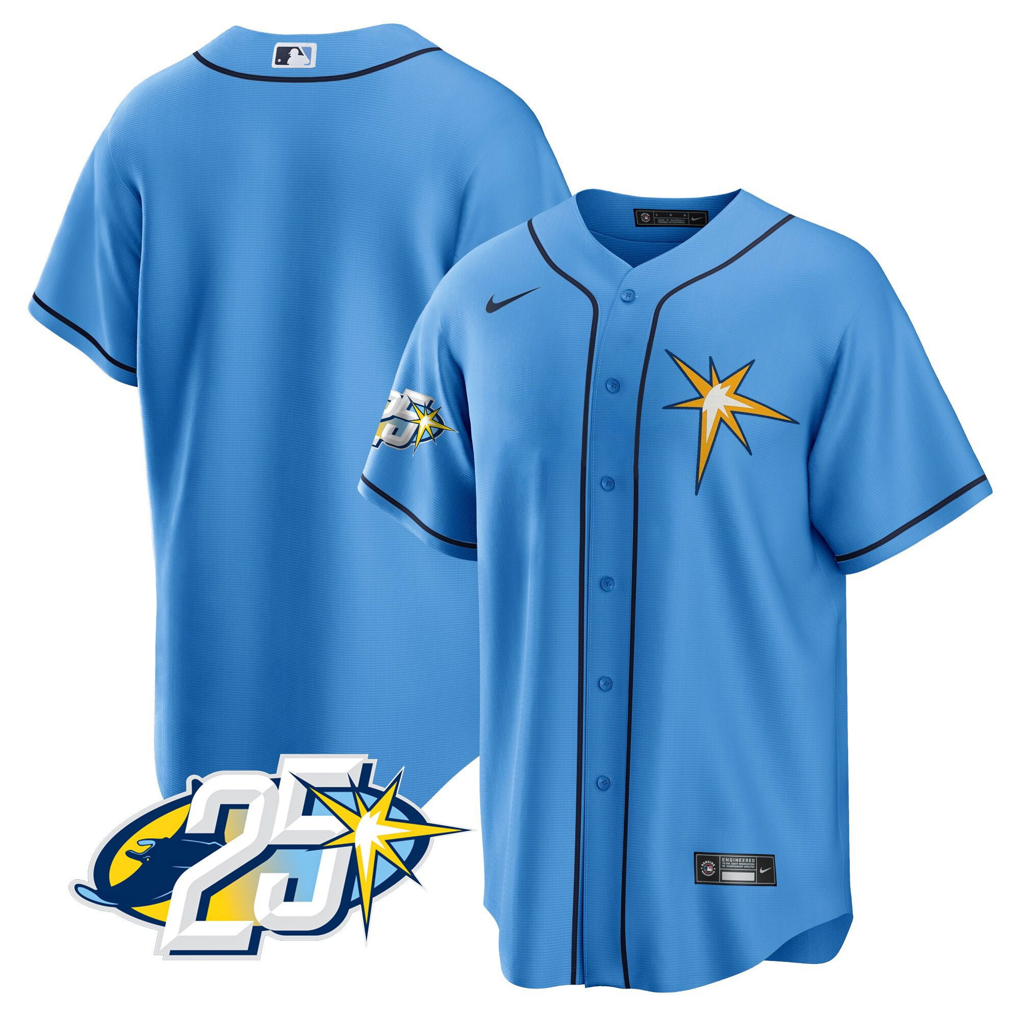 Team Men's Tampa Bay Rays 25th Anniversary Patch Cool Base V2 Light Blue Jersey - All Stitched